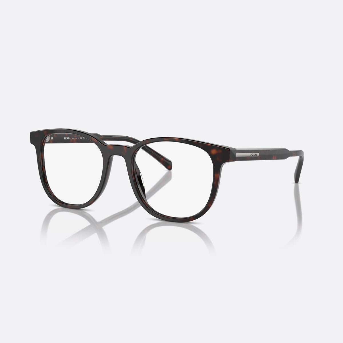 Prada PR A15V 17N1O1 eyeglasses, havana squared frame for men, plain bridge, brand lettering on temples