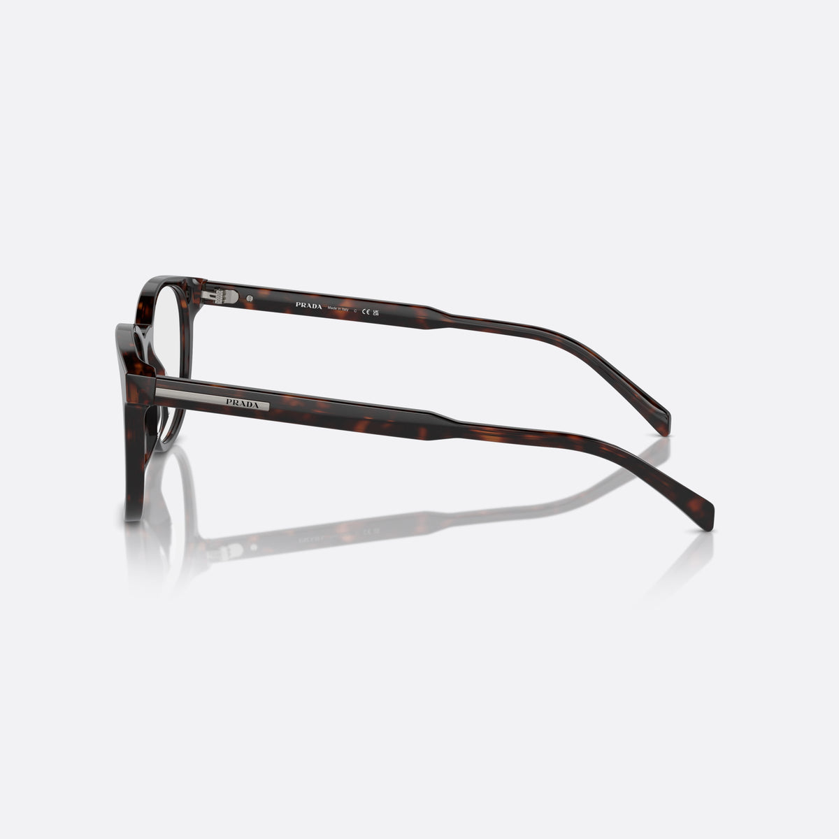 Prada PR A15V 17N1O1 eyeglasses, havana squared frame for men, plain bridge, brand lettering on temples, side view