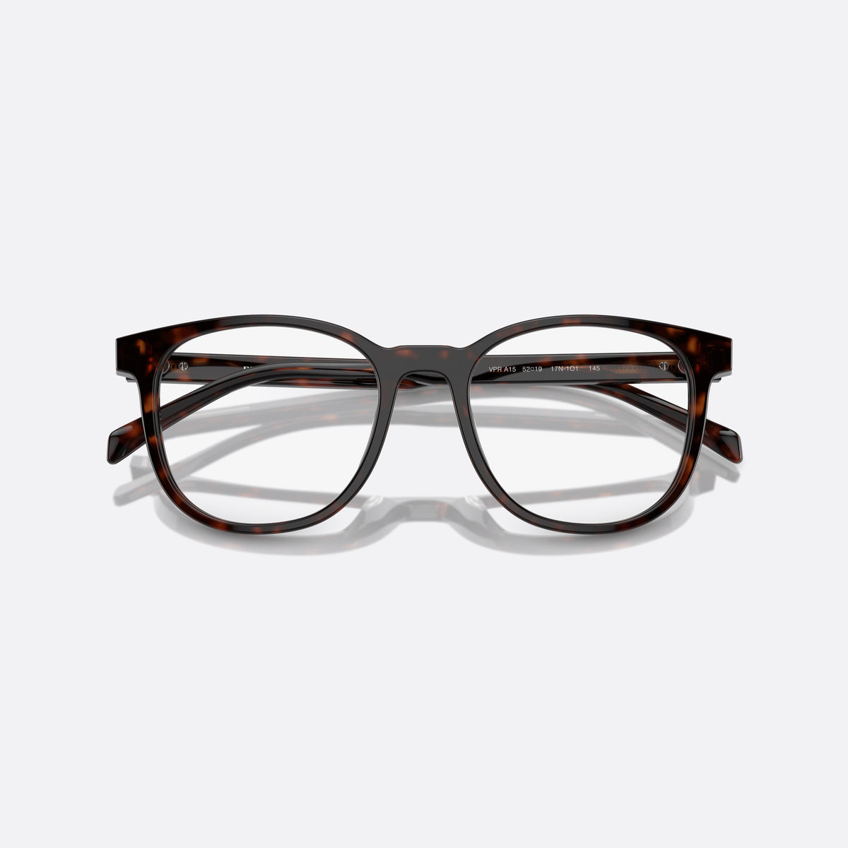 Prada PR A15V 17N1O1 eyeglasses, havana squared frame for men, plain bridge, brand lettering on temples, folded