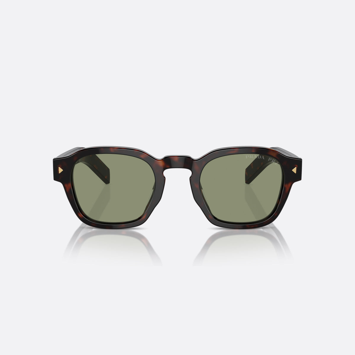 Prada PR A16S 17N-20G sunglasses, havana pantos frame for men, brand lettering on temples, wide temples with gold stripe, front view