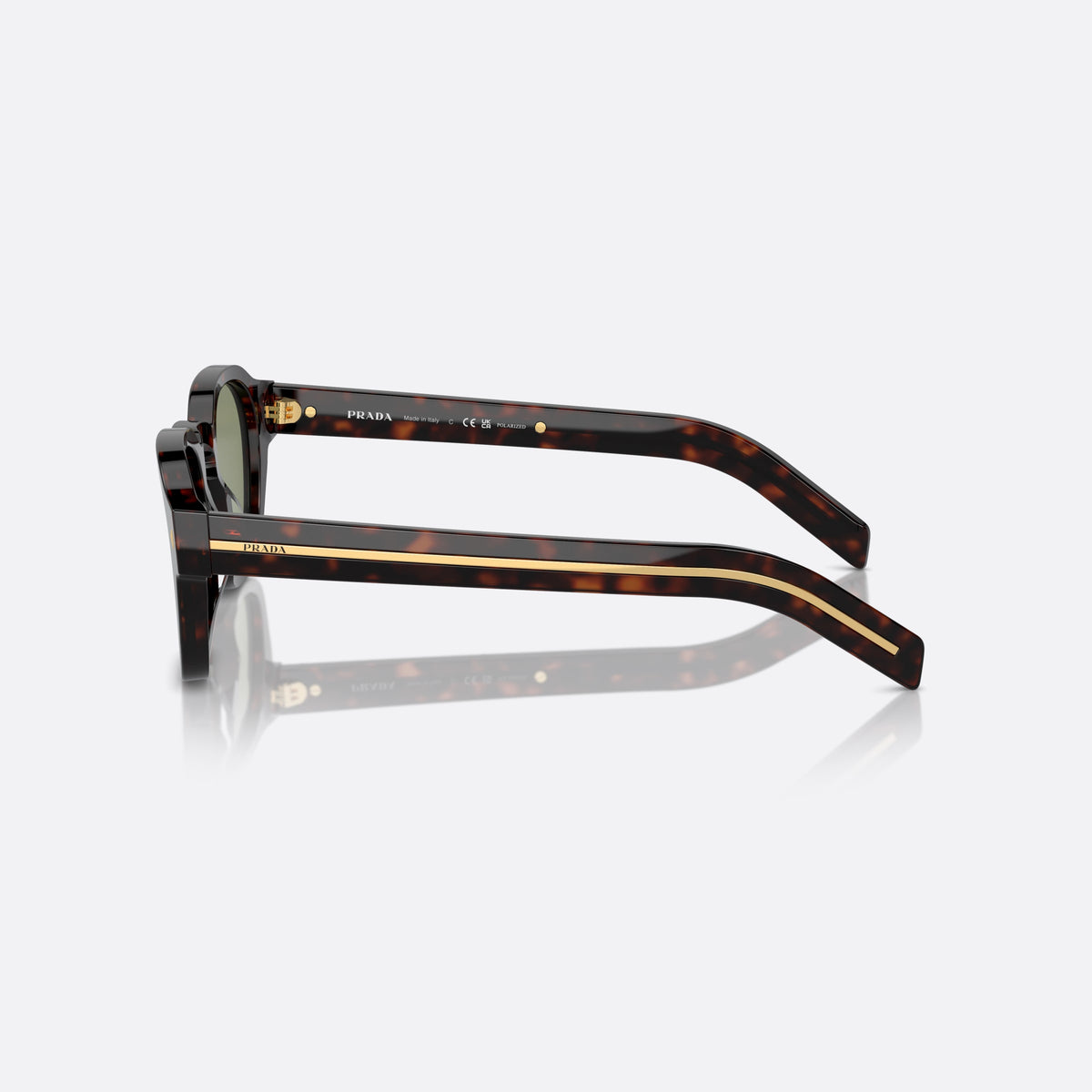 Prada PR A16S 17N-20G sunglasses, havana pantos frame for men, brand lettering on temples, wide temples with gold stripe, side view