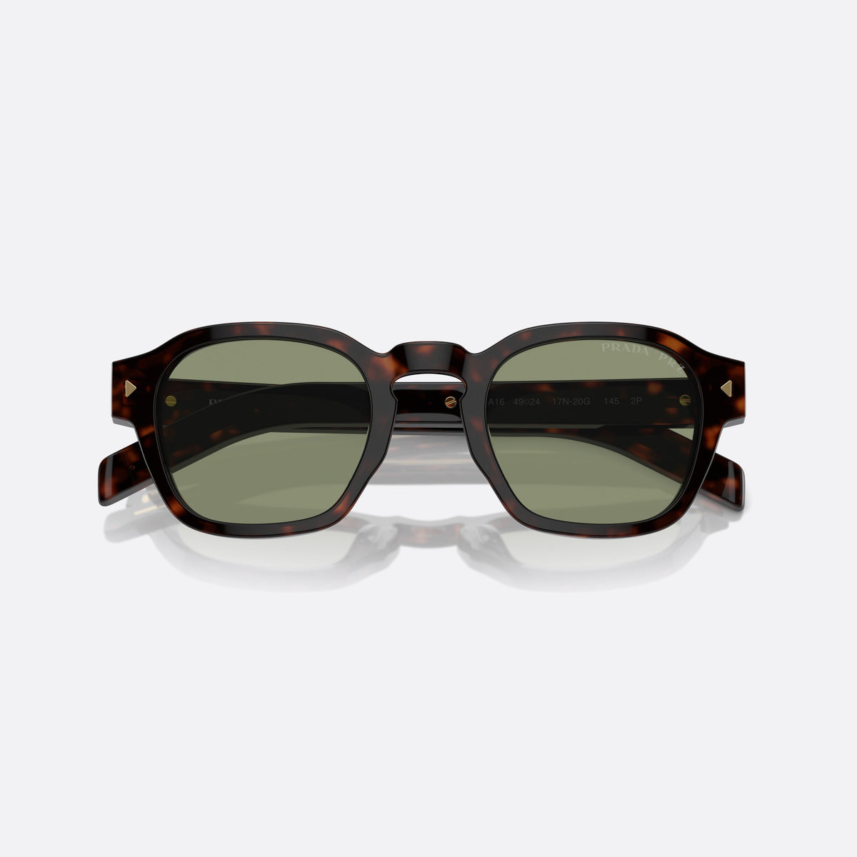 Prada PR A16S 17N-20G sunglasses, havana pantos frame for men, brand lettering on temples, wide temples with gold stripe, folded