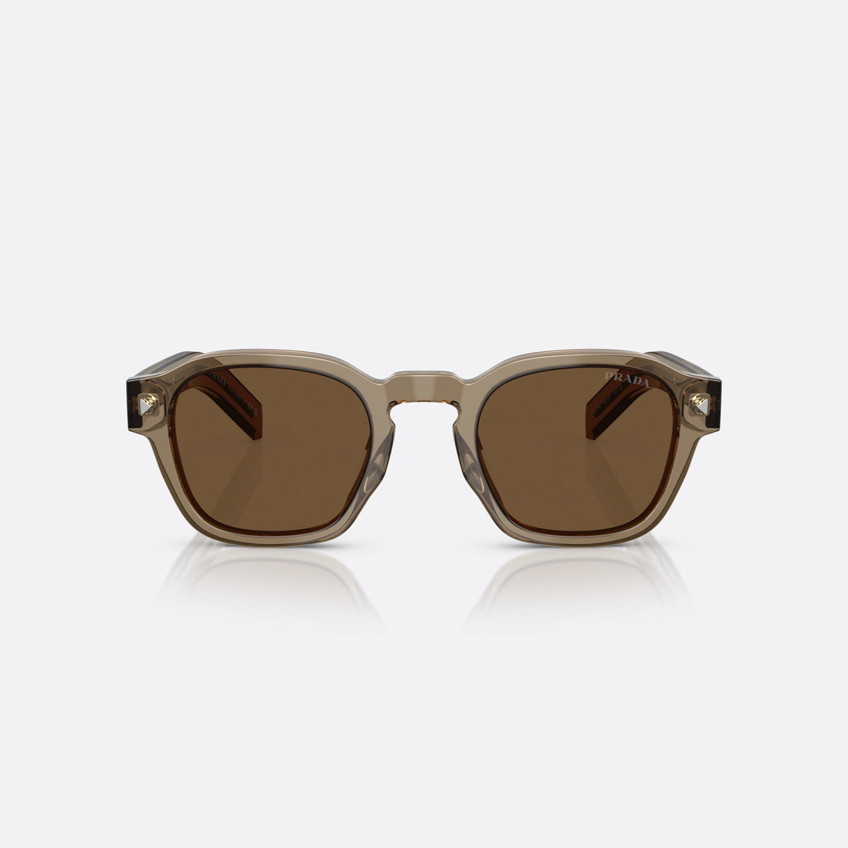 Prada PR A16S 18T70F sunglasses, brown phantos frame for men, brand logo on lens rim, flat temples with stripe, front view