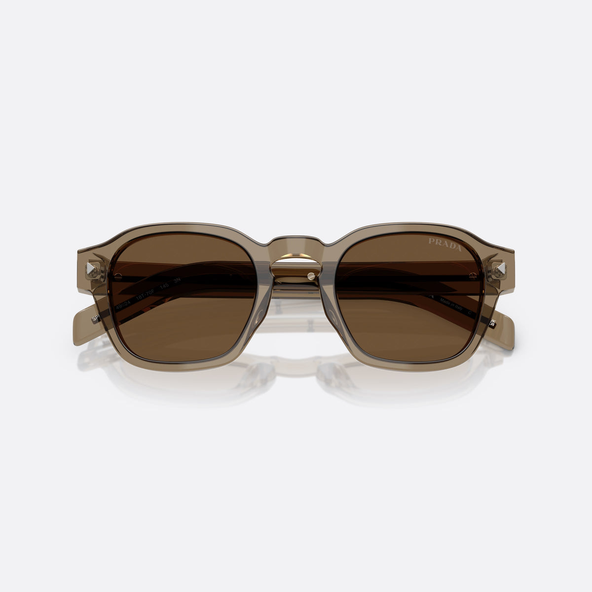 Prada PR A16S 18T70F sunglasses, brown phantos frame for men, brand logo on lens rim, flat temples with stripe, folded