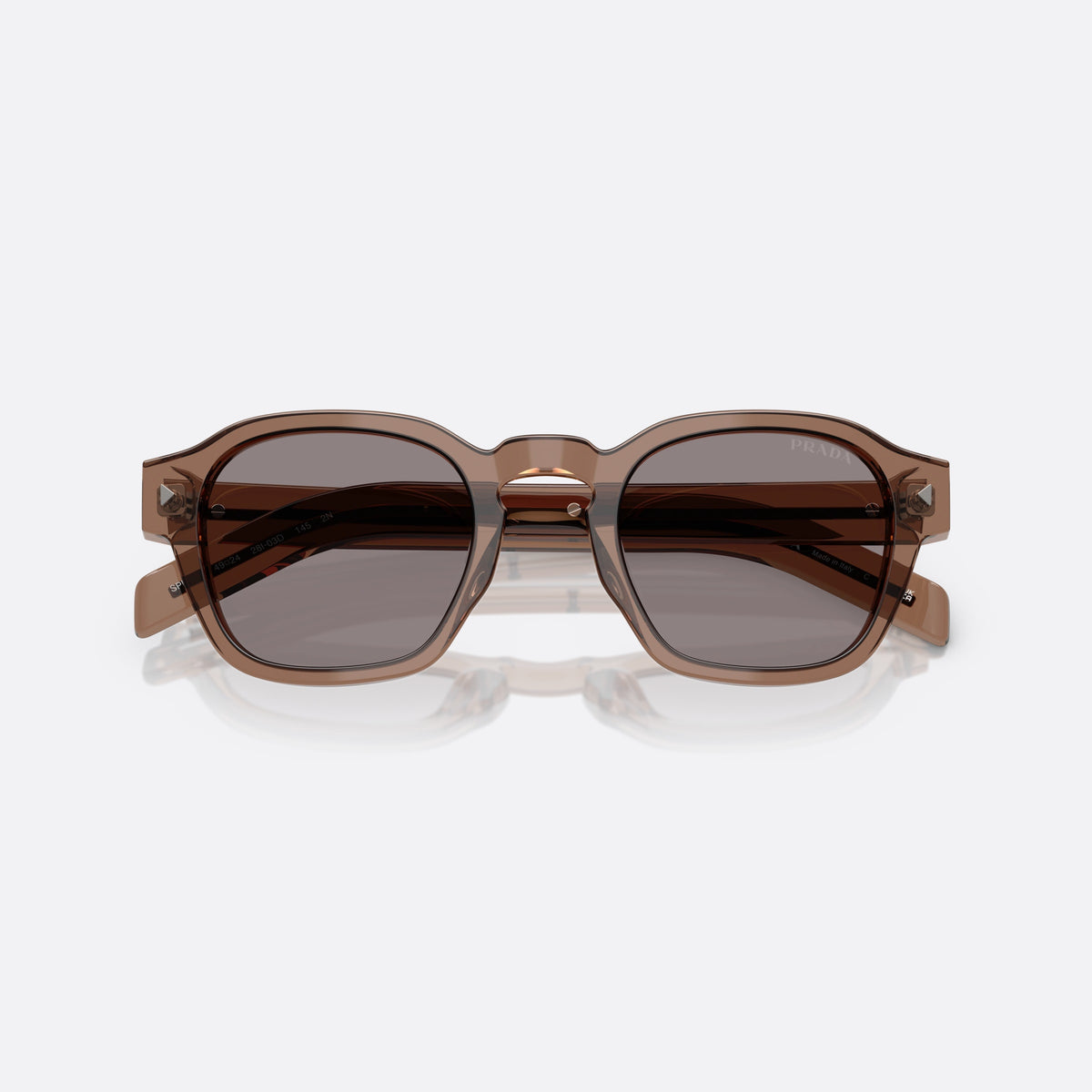 Prada PR A16S 28I03D sunglasses, clear phantos frame for men, brand lettering on temples, flat tapered temples, folded