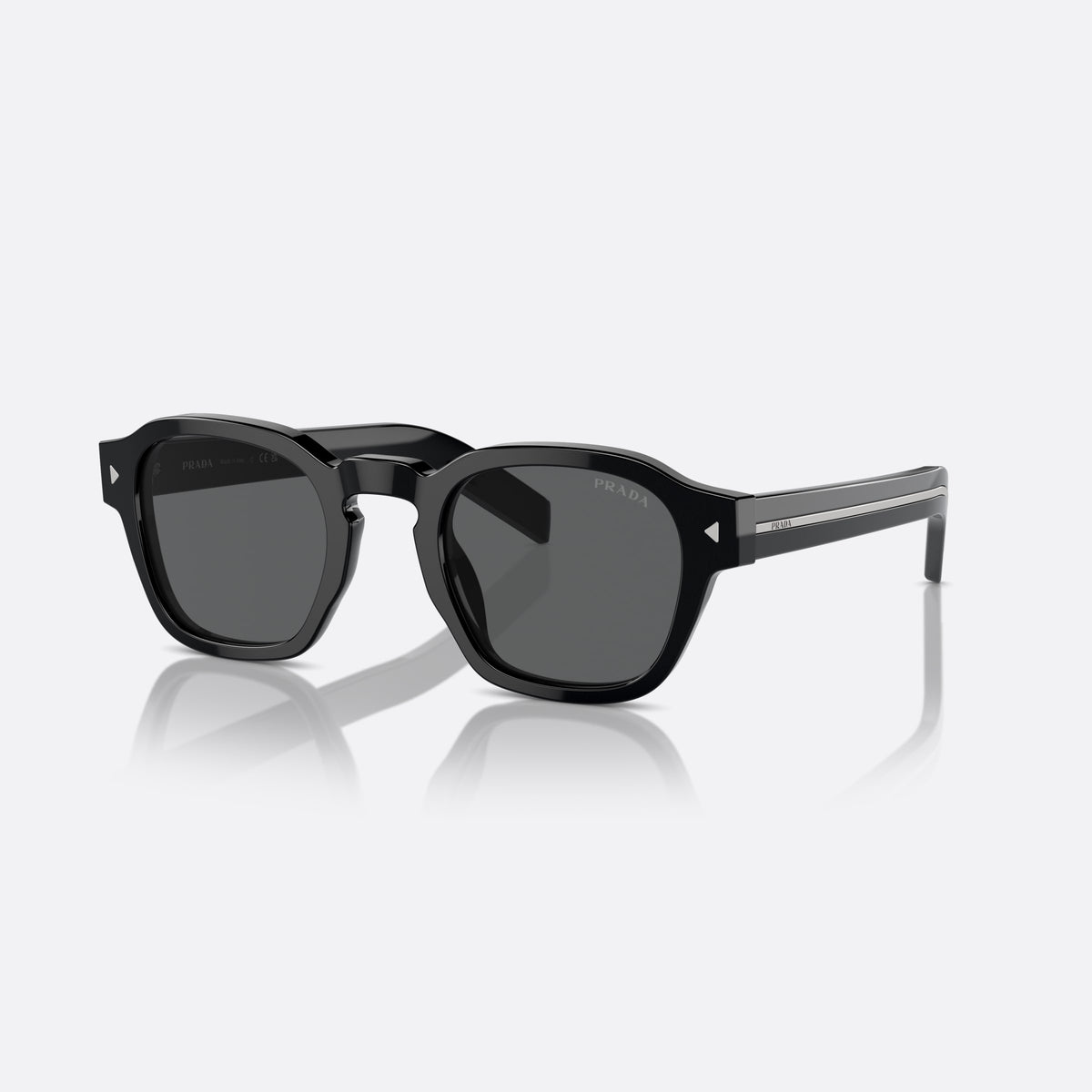 Prada PR A16S 52 sunglasses, black phantos frame for men, brand lettering on temples, wide temples with stripe