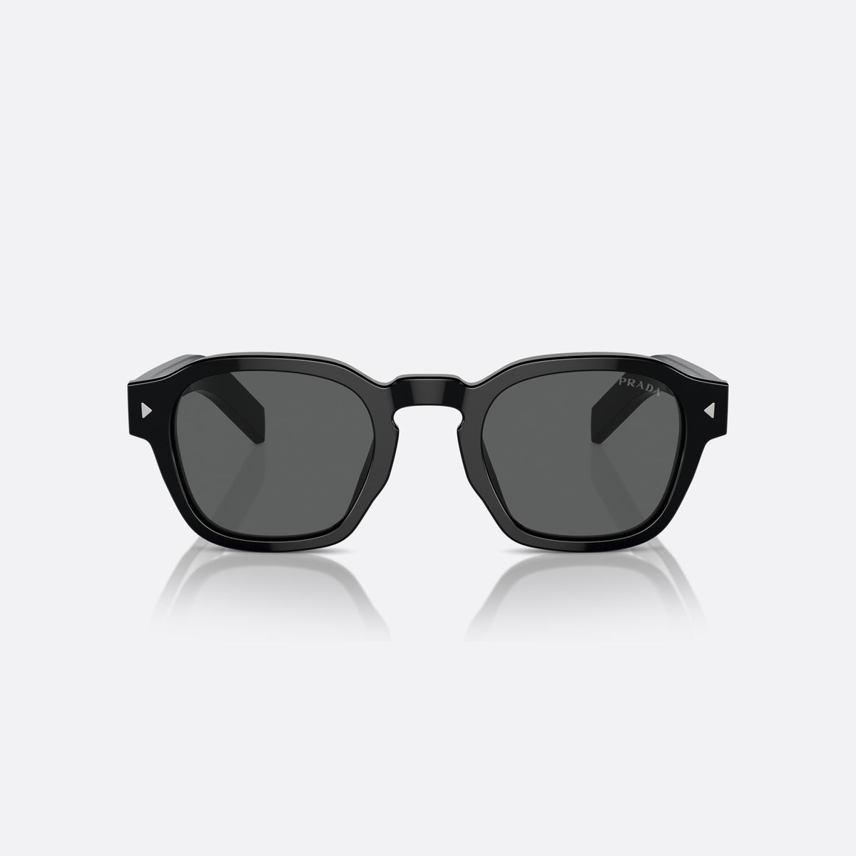 Prada PR A16S 52 sunglasses, black phantos frame for men, brand lettering on temples, wide temples with stripe, front view