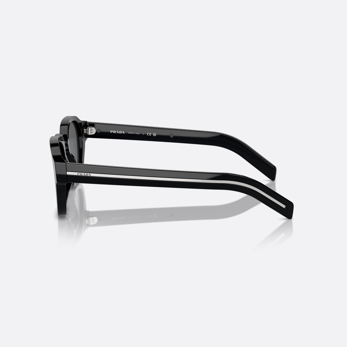 Prada PR A16S 52 sunglasses, black phantos frame for men, brand lettering on temples, wide temples with stripe, side view