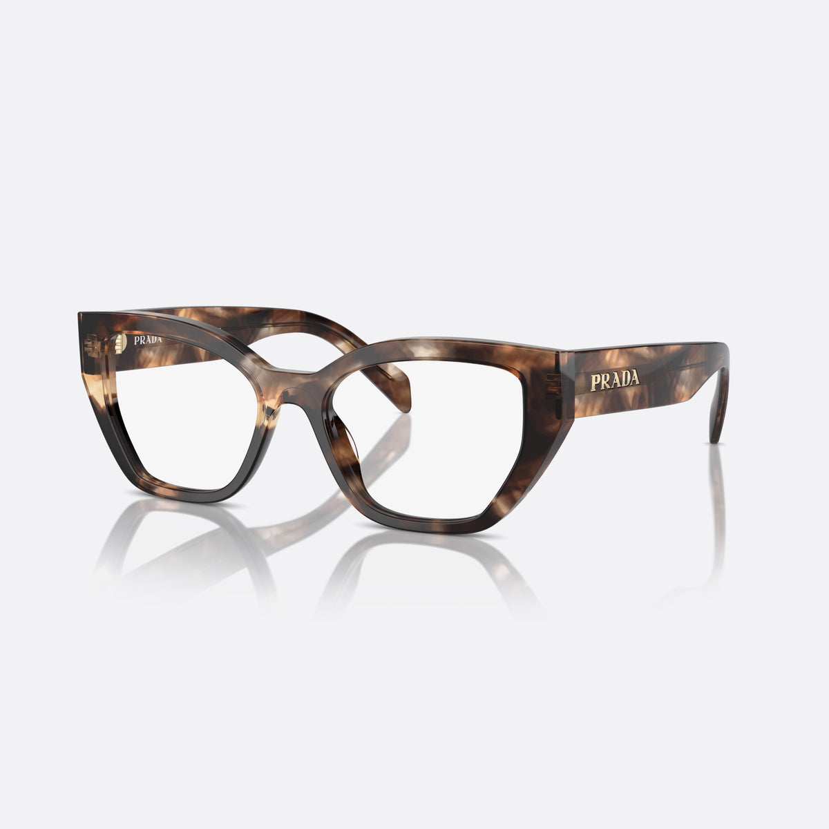 Prada PR A16V 14P1O1 eyeglasses, havana squared frame for women, integrated bridge with saddle, brand lettering on temples