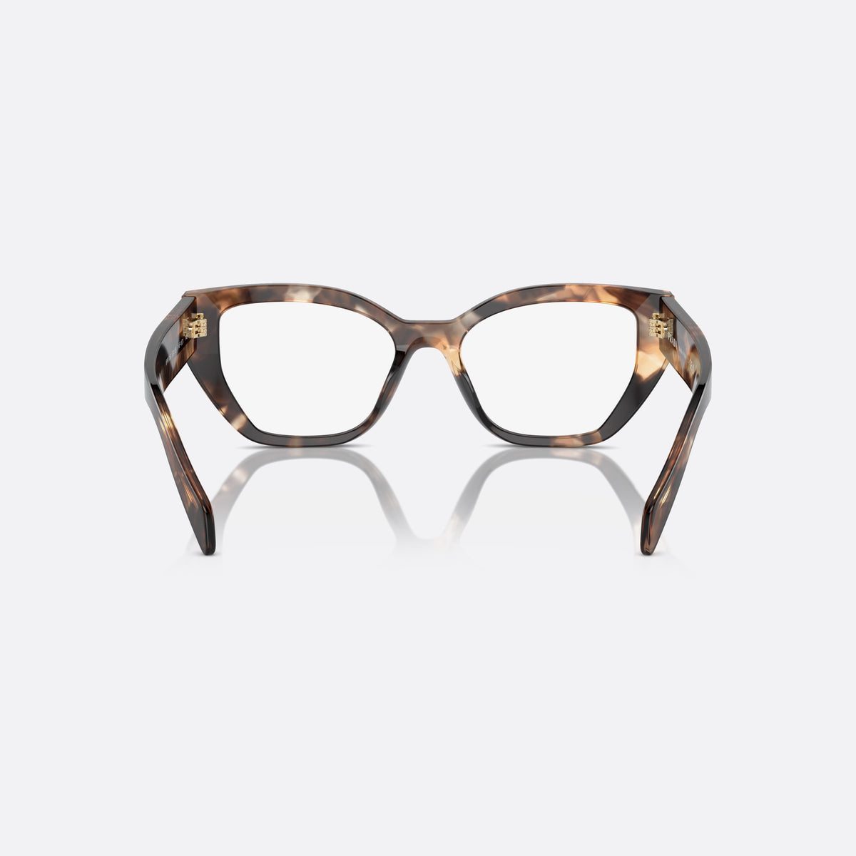 Prada PR A16V 14P1O1 eyeglasses, havana squared frame for women, integrated bridge with saddle, brand lettering on temples, back view