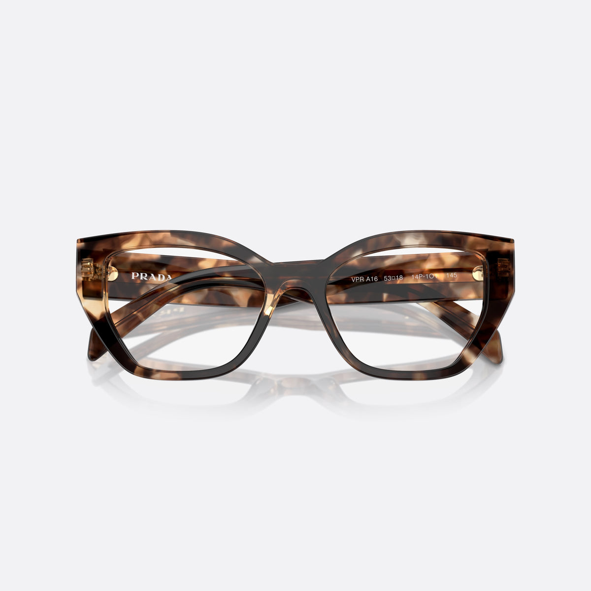 Prada PR A16V 14P1O1 eyeglasses, havana squared frame for women, integrated bridge with saddle, brand lettering on temples, folded