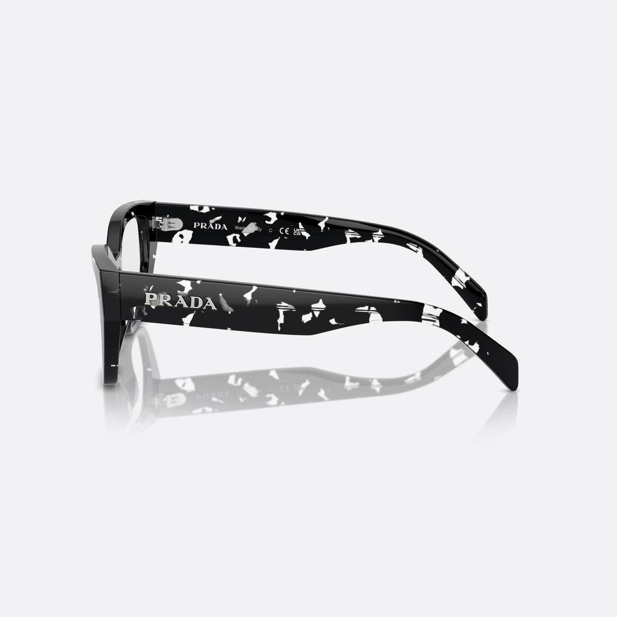 Prada PR A16V 15O1O1 eyeglasses, black squared frame for women, plain acetate bridge, brand lettering on temples, side view