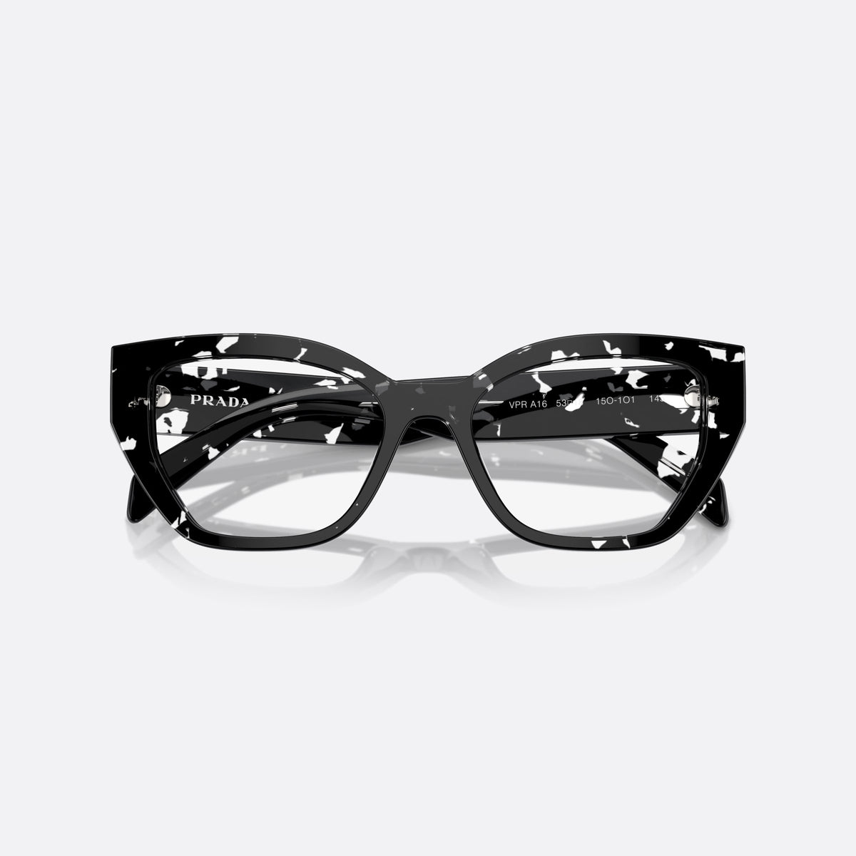 Prada PR A16V 15O1O1 eyeglasses, black squared frame for women, plain acetate bridge, brand lettering on temples, folded