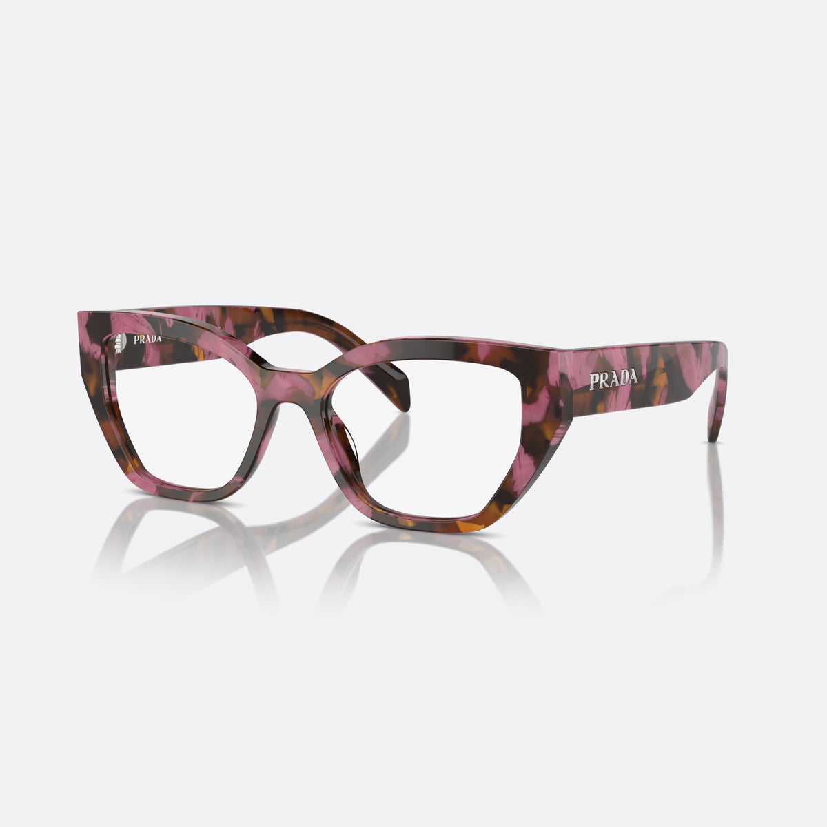 Prada PR A16V 18N1O1 eyeglasses, pink squared frame for women, plain double bridge, brand lettering on temples