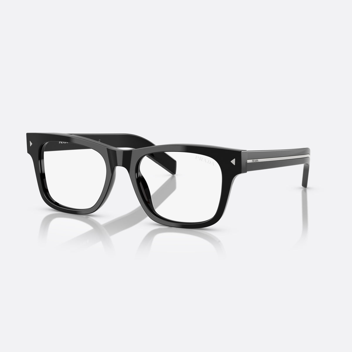 Prada PR A17S 16K60K sunglasses, black rectangle frame for men, plain bridge, brand lettering on temples, full-rim frame