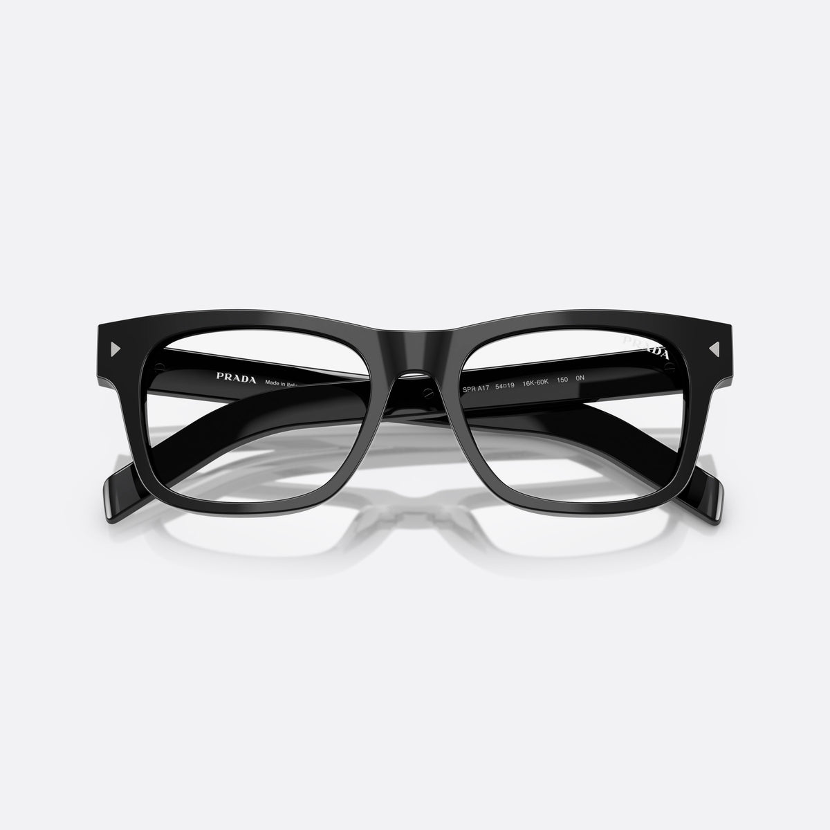 Prada PR A17S 16K60K sunglasses, black rectangle frame for men, plain bridge, brand lettering on temples, full-rim frame, folded