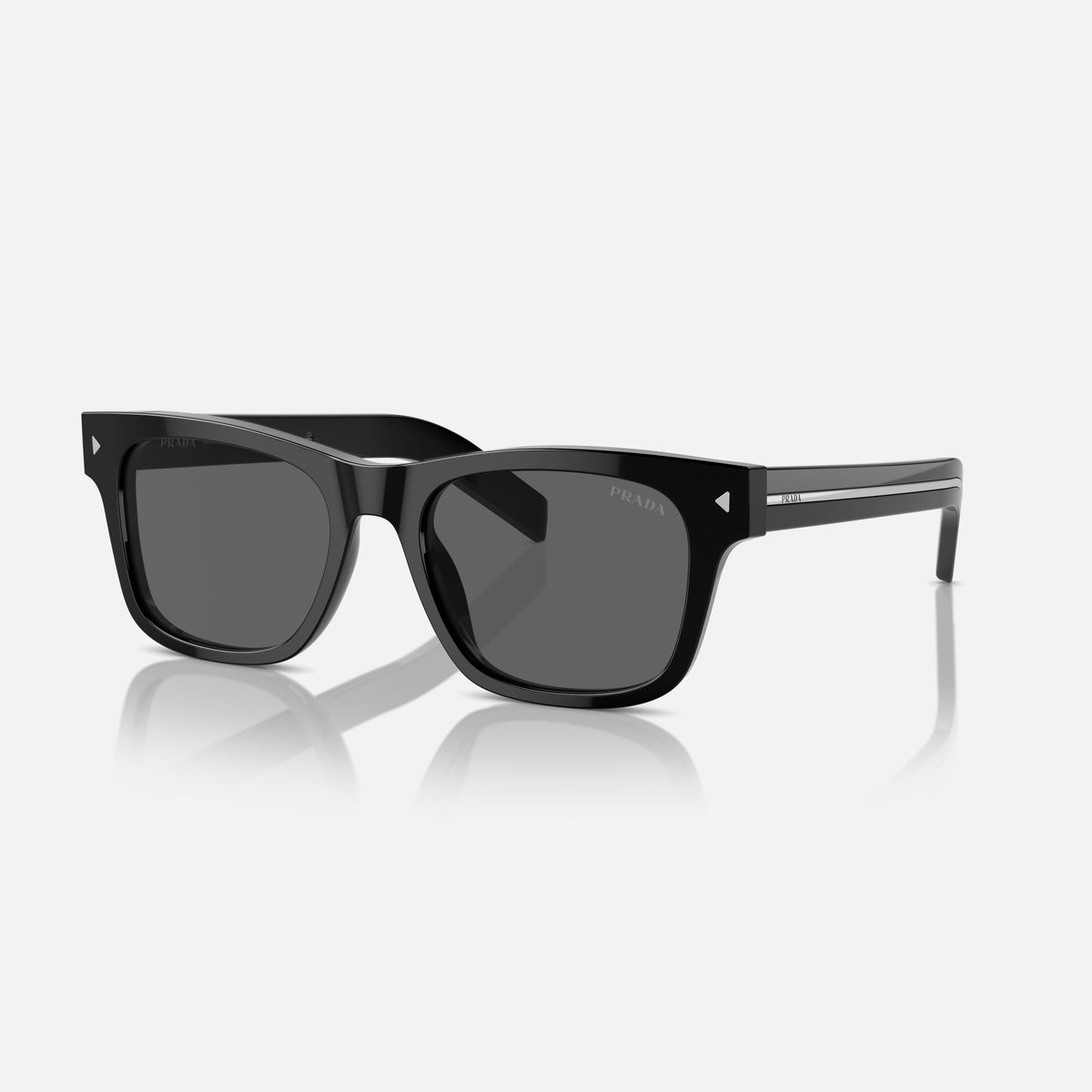 Prada PR A17S 16K731 sunglasses, black rectangle frame for men, plain bridge, brand lettering on temple, full-rim frame