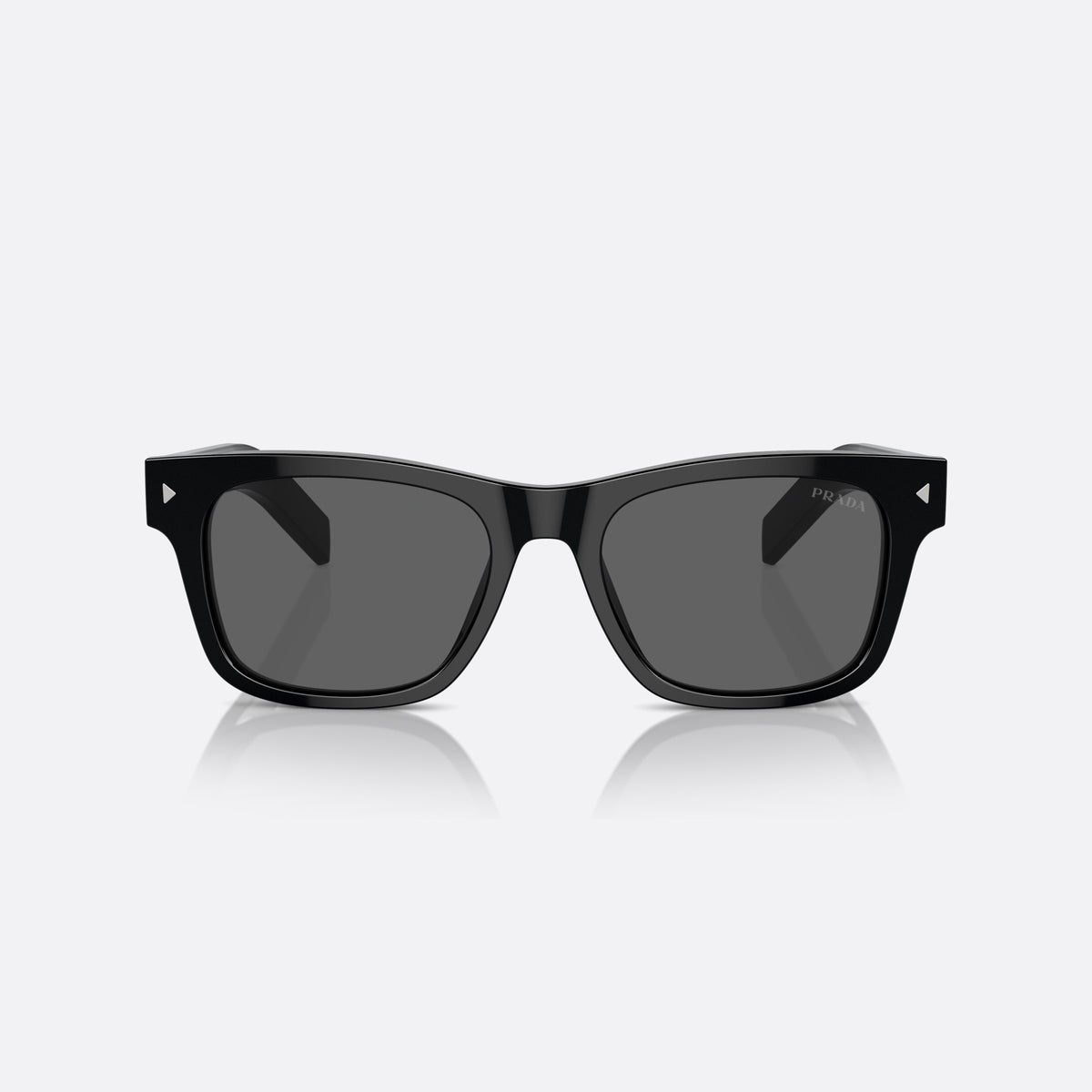 Prada PR A17S 16K731 sunglasses, black rectangle frame for men, plain bridge, brand lettering on temple, full-rim frame, front view