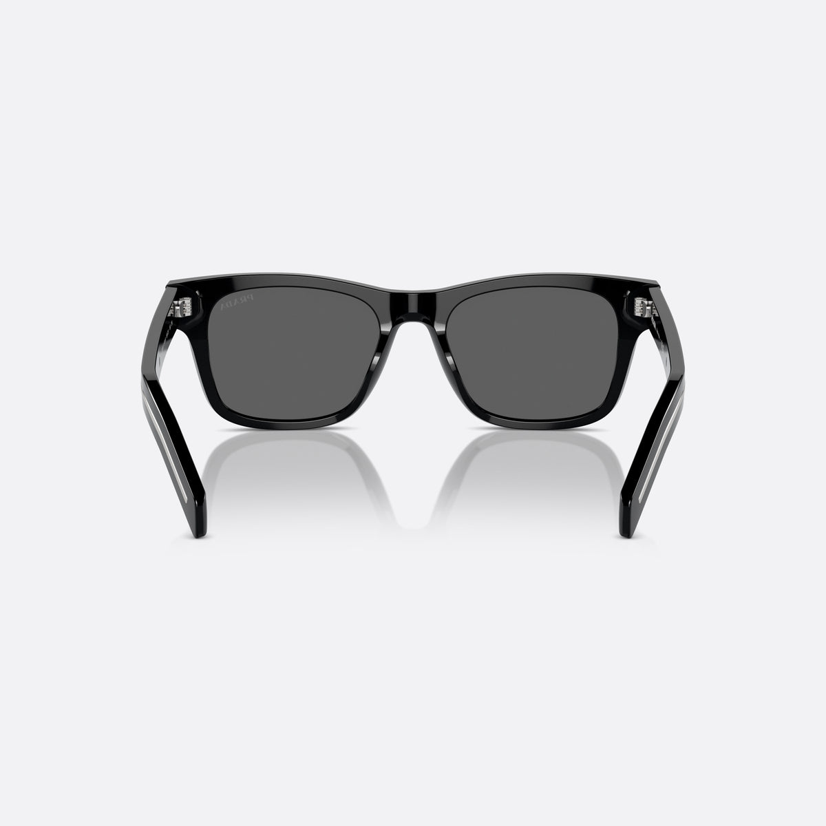 Prada PR A17S 16K731 sunglasses, black rectangle frame for men, plain bridge, brand lettering on temple, full-rim frame, back view