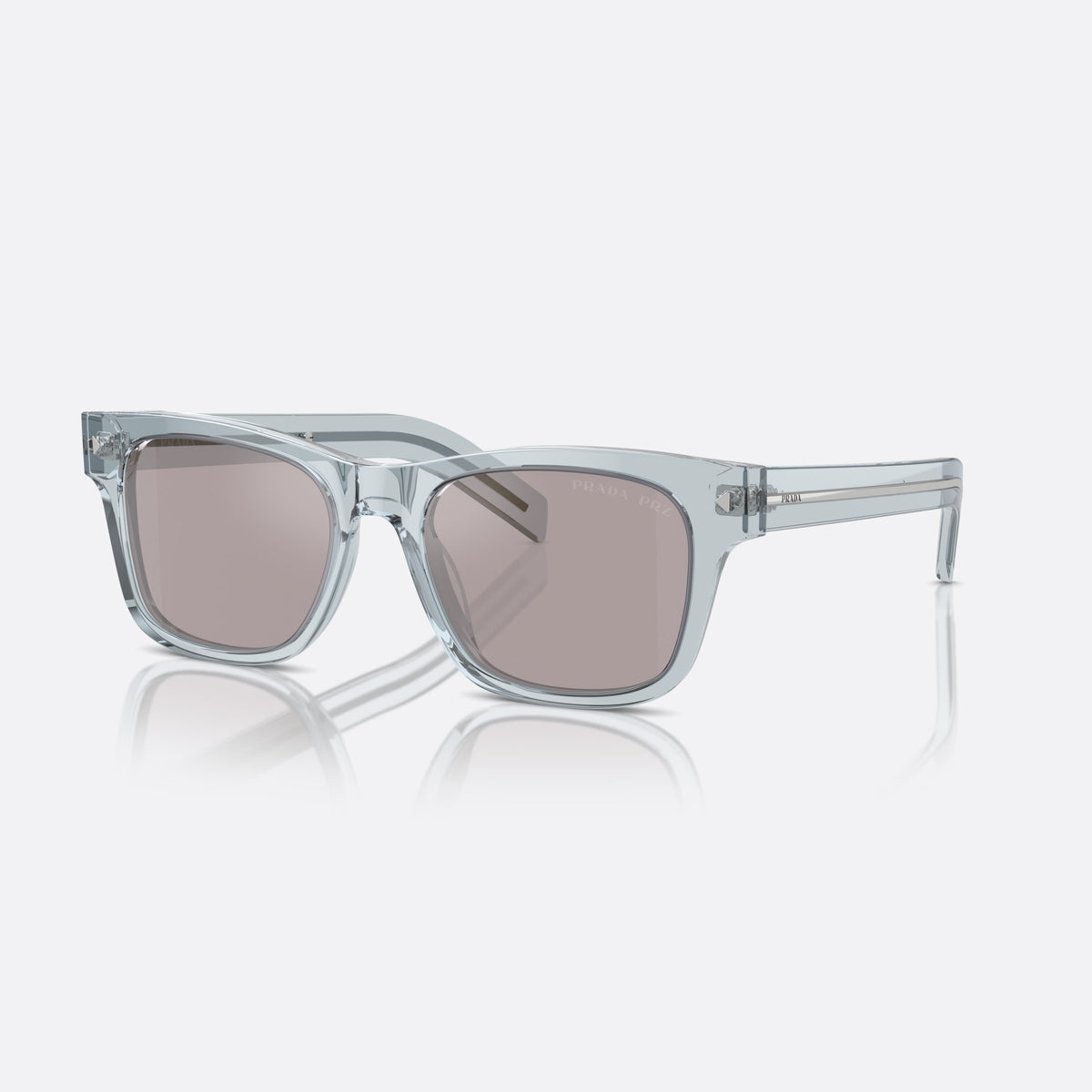 Prada PR A17S 51 sunglasses, blue rectangular frame for men, plain bridge joining front, brand lettering on temples