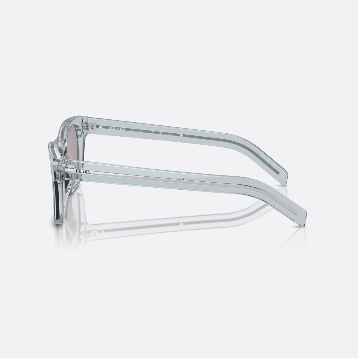 Prada PR A17S 51 sunglasses, blue rectangular frame for men, plain bridge joining front, brand lettering on temples