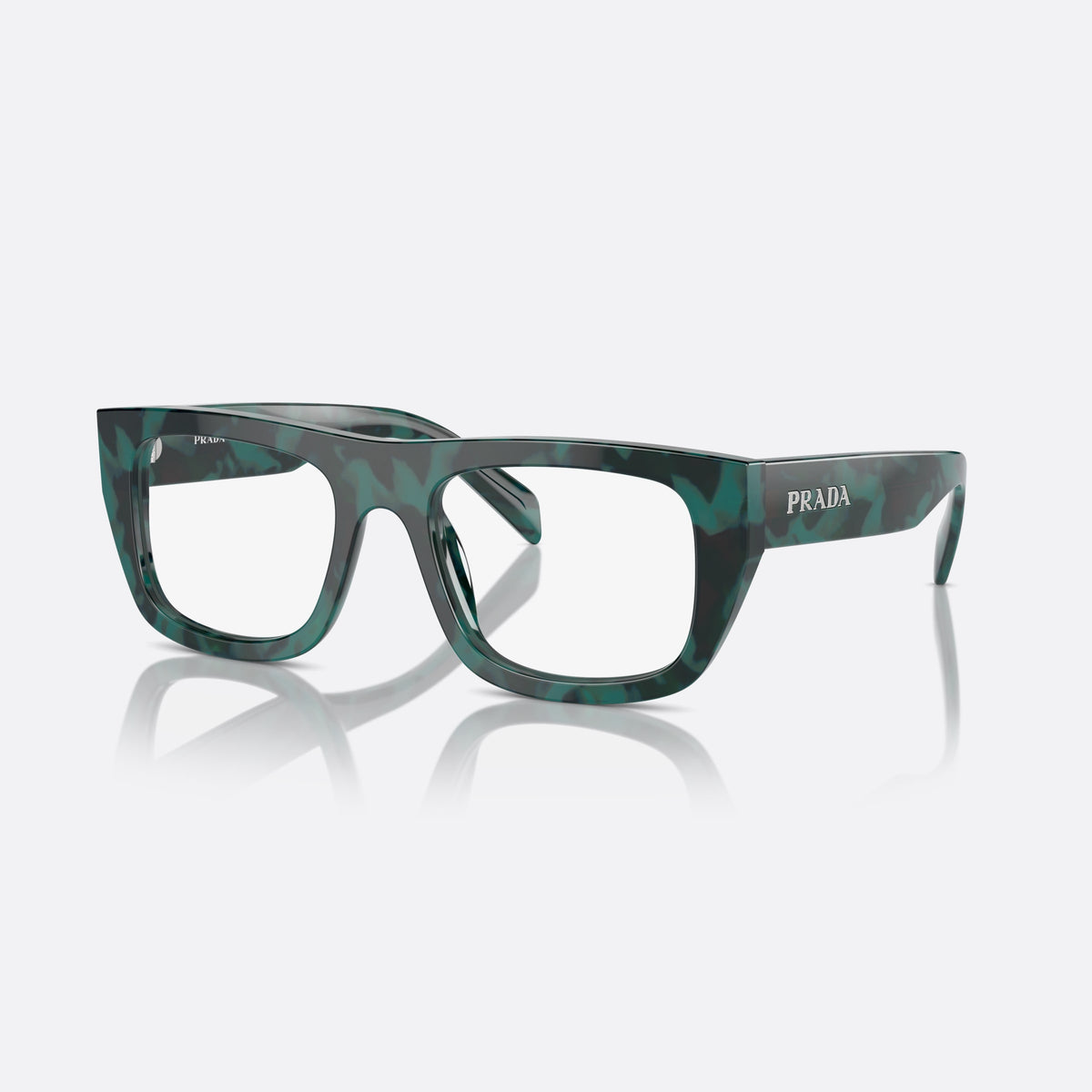 Prada PR A17V 17U1O1 eyeglasses, green geometric frame for women, plain saddle style bridge, brand lettering on temple