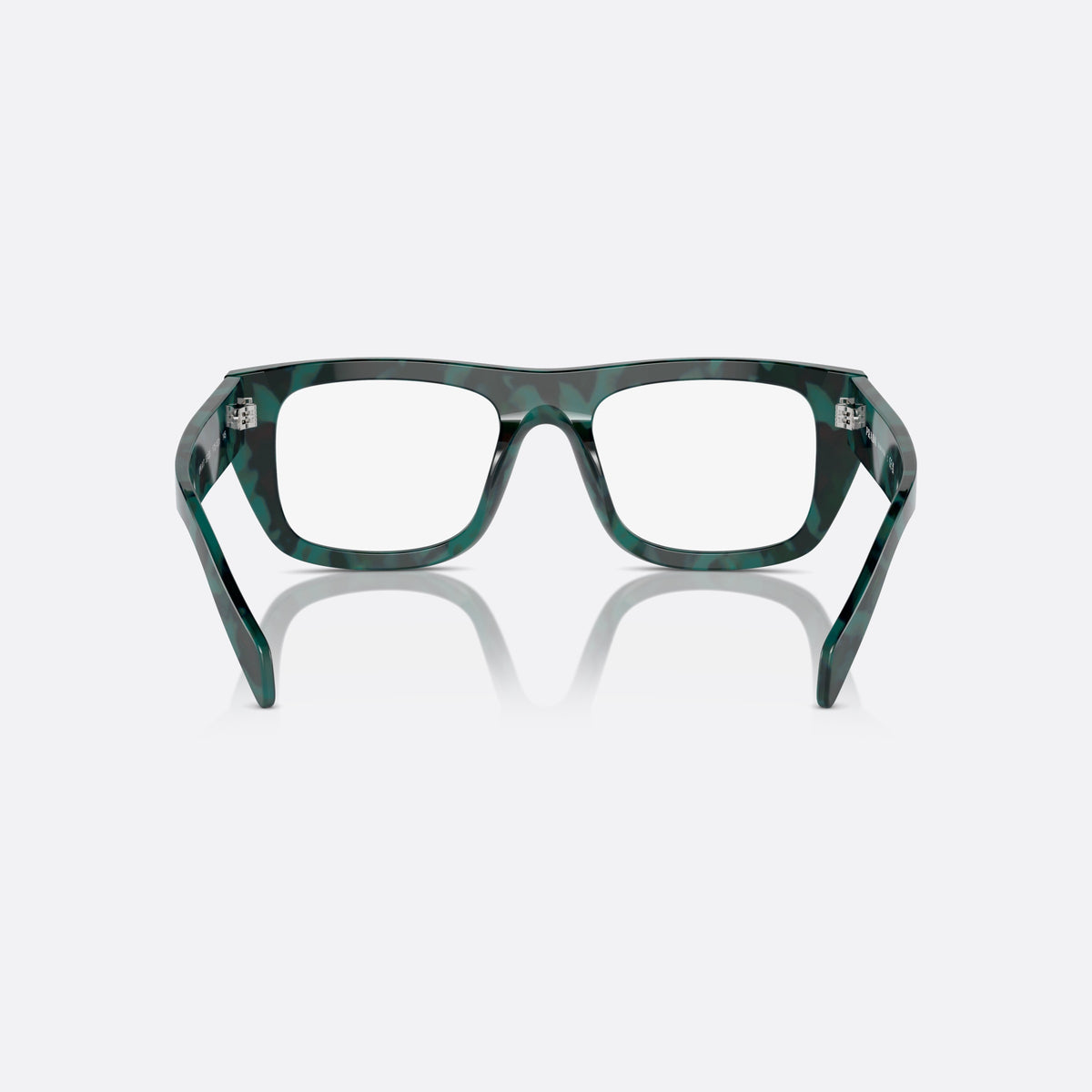 Prada PR A17V 17U1O1 eyeglasses, green geometric frame for women, plain saddle style bridge, brand lettering on temple, back view