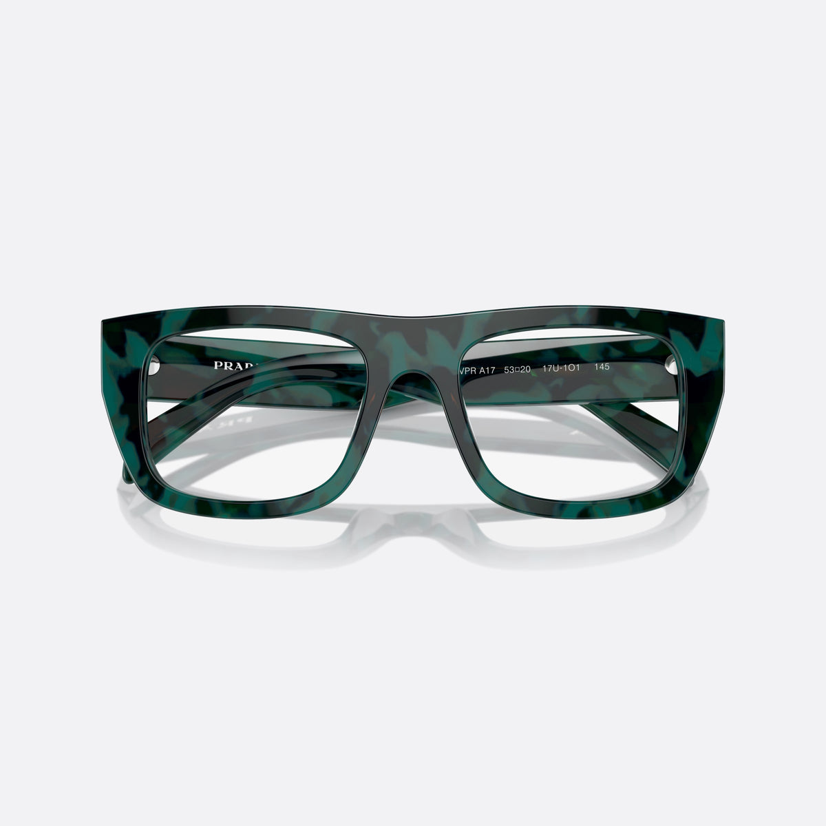 Prada PR A17V 17U1O1 eyeglasses, green geometric frame for women, plain saddle style bridge, brand lettering on temple, folded