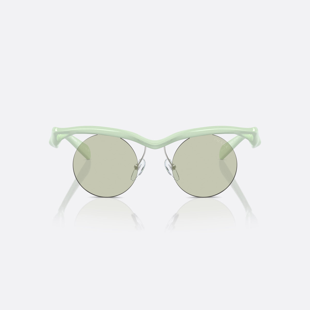Prada PR A18S 17Q4R0 sunglasses, green round frame for men, brand lettering on the temples, front view