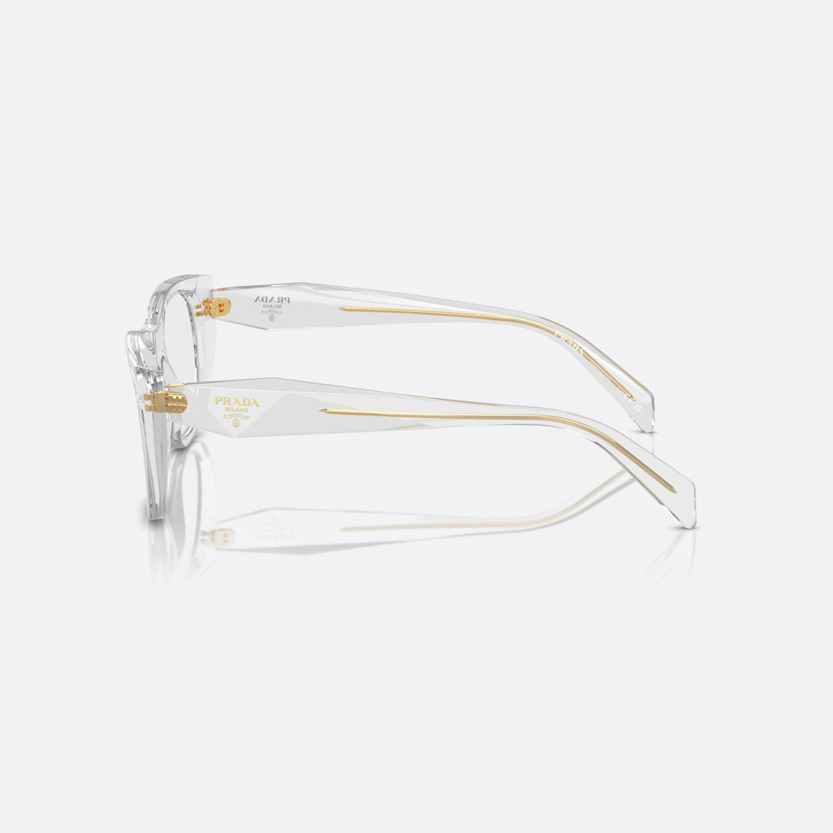 Prada PR A18V 12R-1O1 eyeglasses, clear geometric frame for women, plain bridge, brand lettering on temples, full-rim front, side view