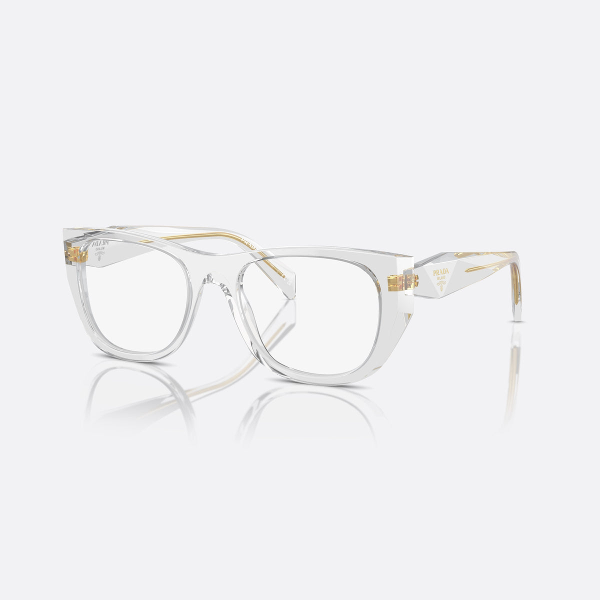 Rame ochelari de vedere Prada PR A18V 12R-1O1, geometrica transparent, pentru femei, punte keyhole, placă triunghiulară a brandului pe brațe