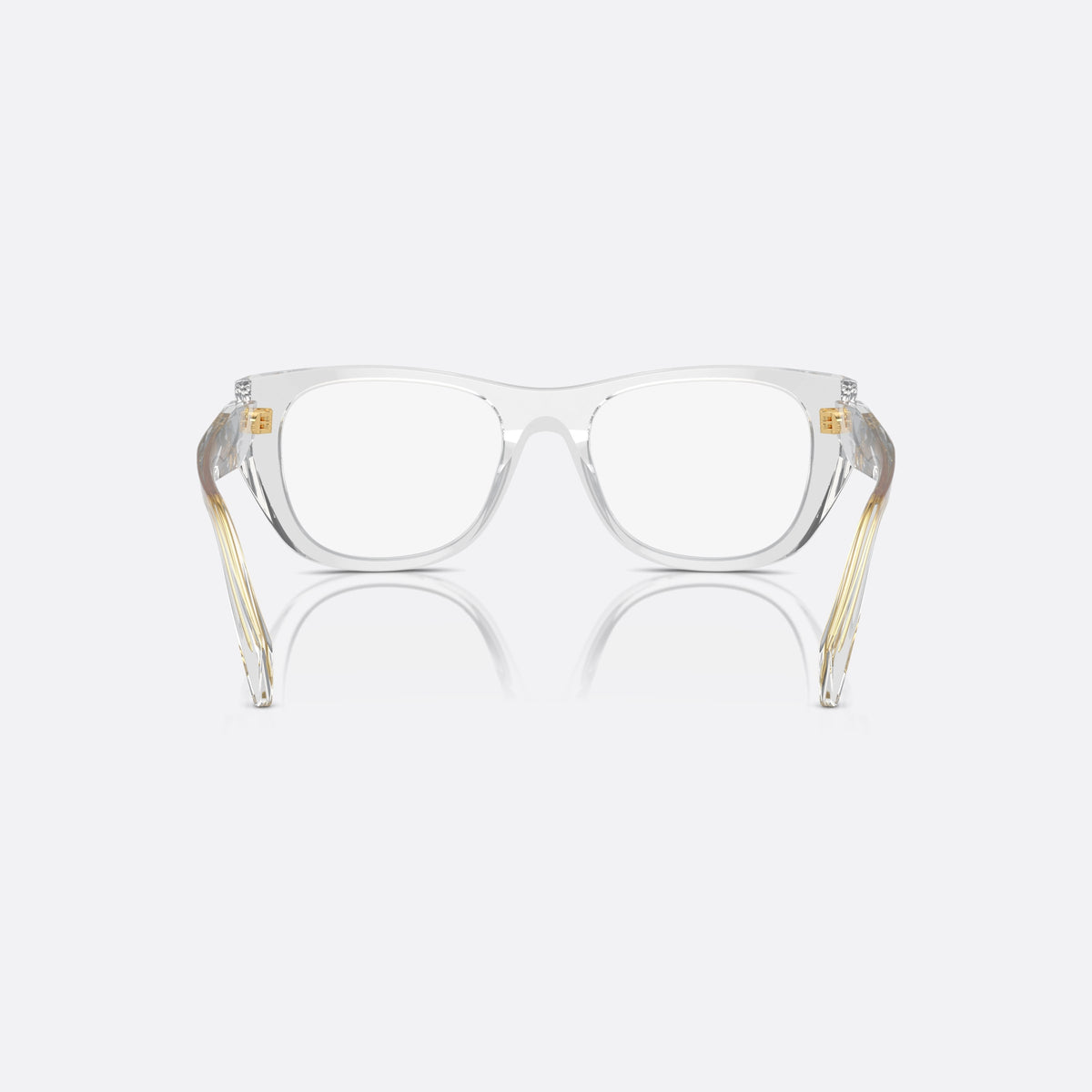 Rame ochelari de vedere Prada PR A18V 12R-1O1, geometrica transparent, pentru femei, punte keyhole, placă triunghiulară a brandului pe brațe, vedere din spate