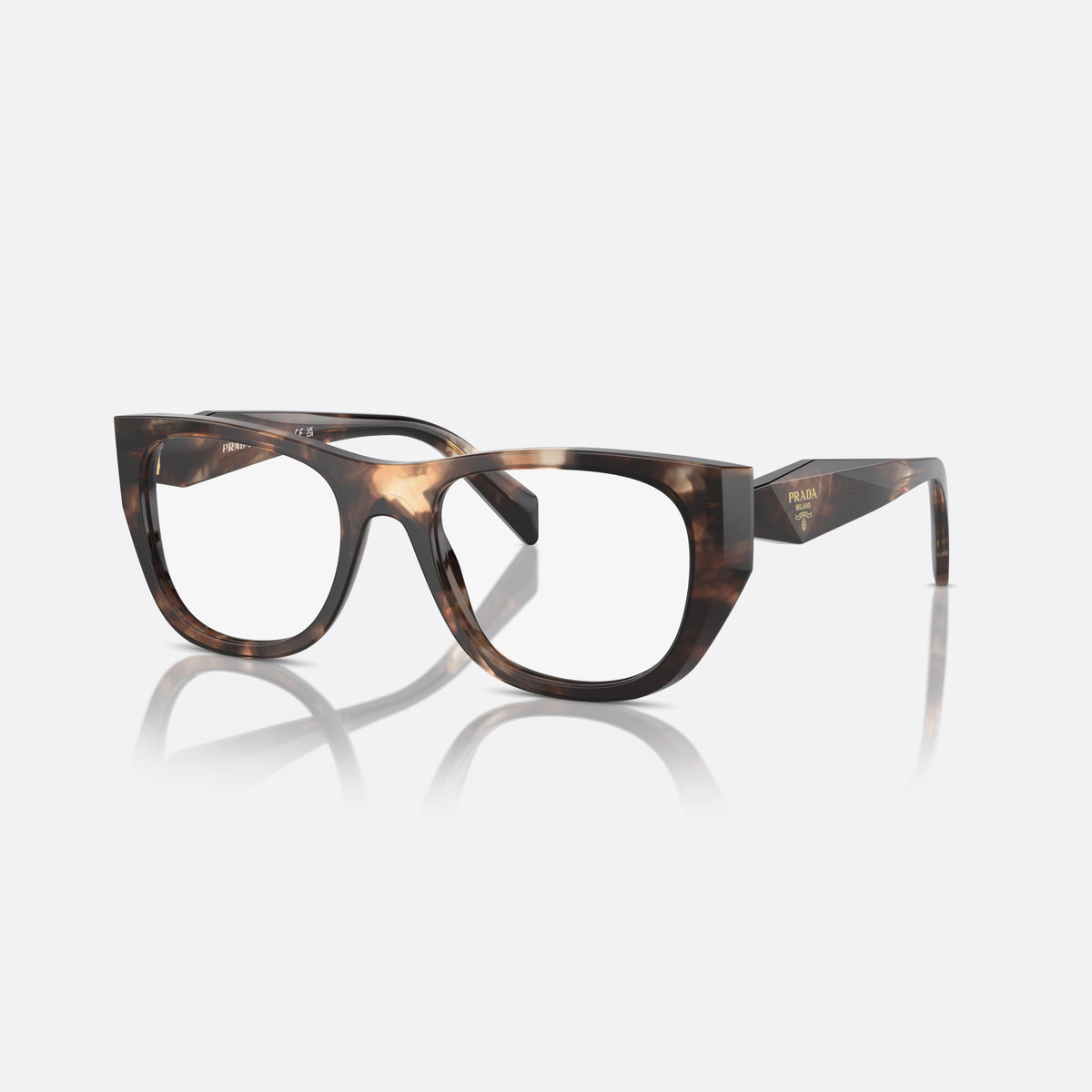 Prada PR A18V 14P1O1 eyeglasses, havana geometric frame for women, plain acetate-style bridge, brand lettering on temples