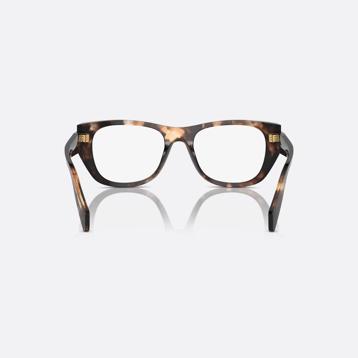 Prada PR A18V 14P1O1 eyeglasses, havana geometric frame for women, plain acetate-style bridge, brand lettering on temples, back view