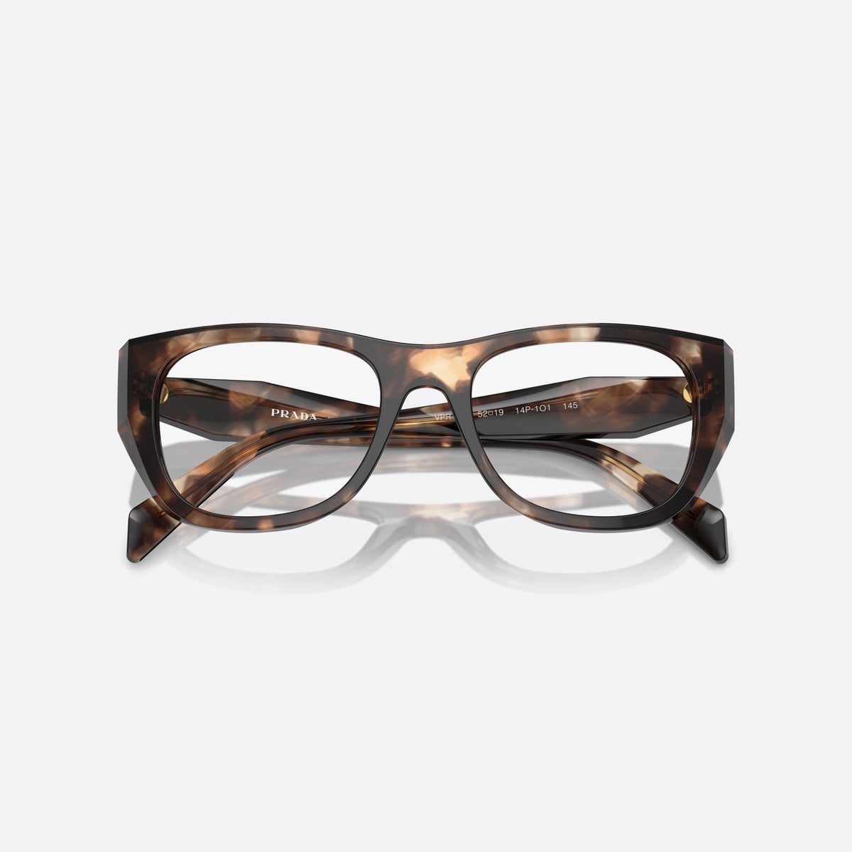 Prada PR A18V 14P1O1 eyeglasses, havana geometric frame for women, plain acetate-style bridge, brand lettering on temples, folded