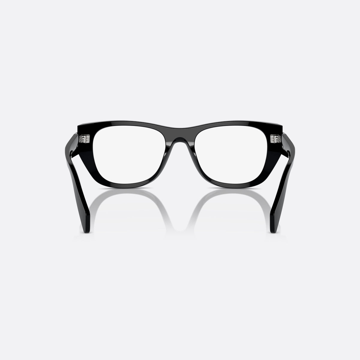 Prada PR A18V 16K-1O1 eyeglasses, black irregular frame for women, plain bridge, low saddle profile, brand lettering on temples