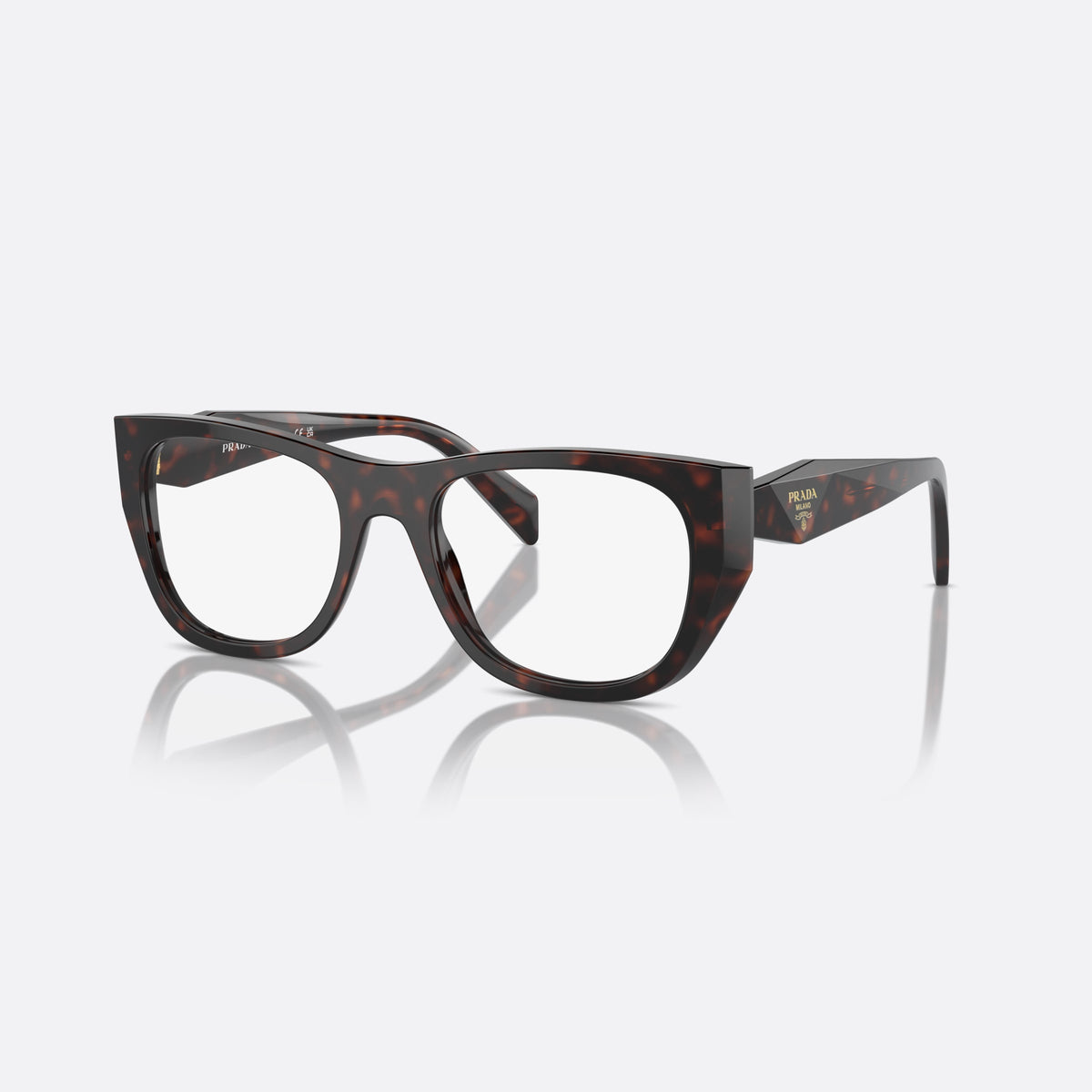Prada PR A18V 17N-1O1 RT eyeglasses, havana geometric frame for women, plain saddle-style bridge, brand lettering on temples