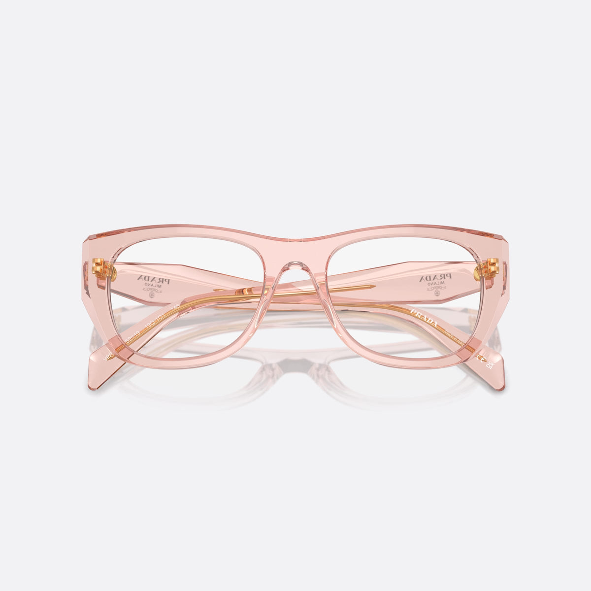 Prada PR A18V 19Q-1O1 eyeglasses, pink geometric frame for women, plain integrated bridge, brand logo on temples, folded