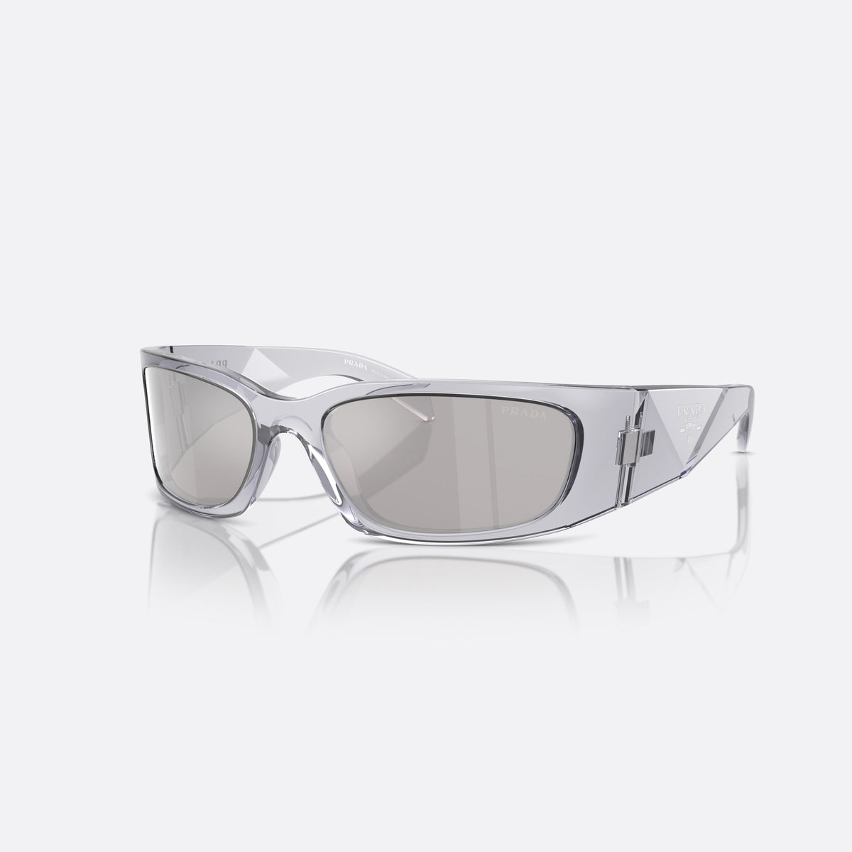 Prada PR A19S 12R-2B0 sunglasses, grey squared frame for men, plain integrated bridge, brand lettering on temples