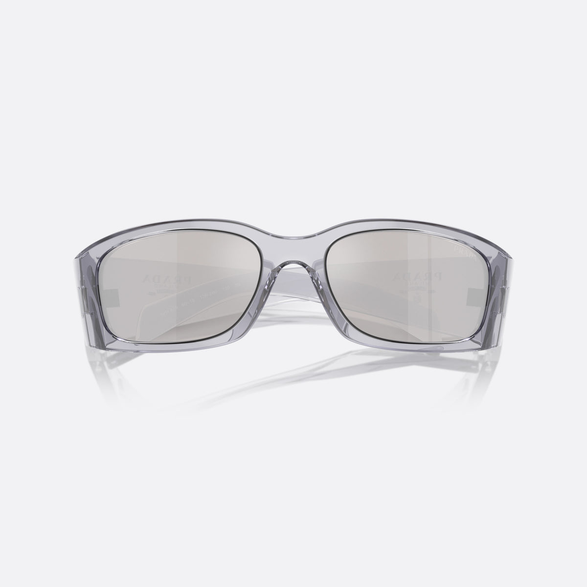 Prada PR A19S 12R-2B0 sunglasses, grey squared frame for men, plain integrated bridge, brand lettering on temples, folded