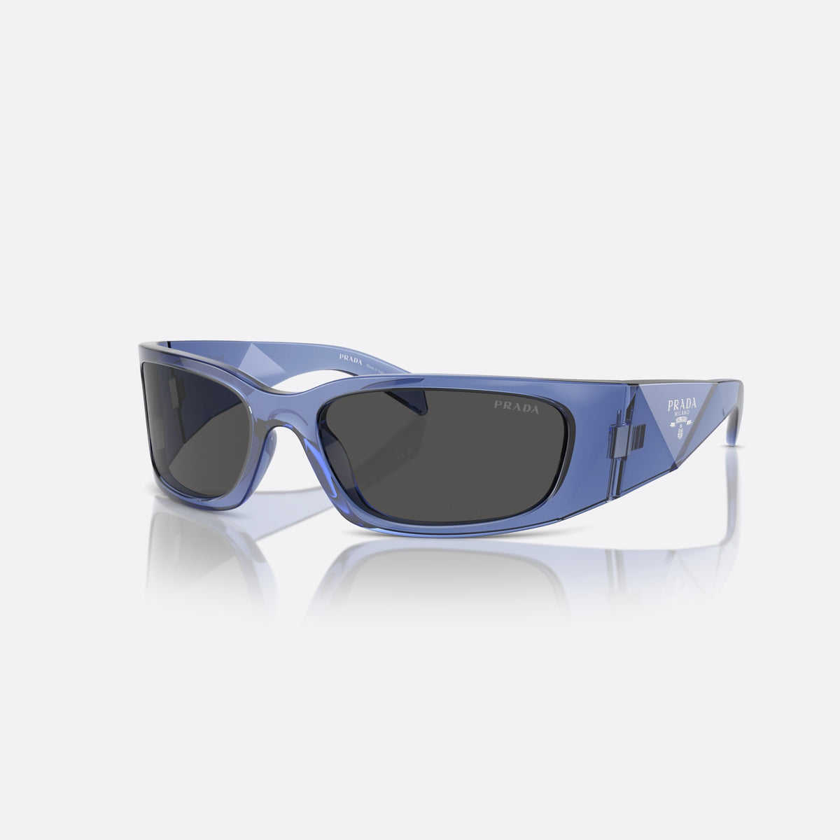Prada PR A19S 15R-5S0 sunglasses, violet squared frame for men, plain integrated bridge, brand lettering on lens
