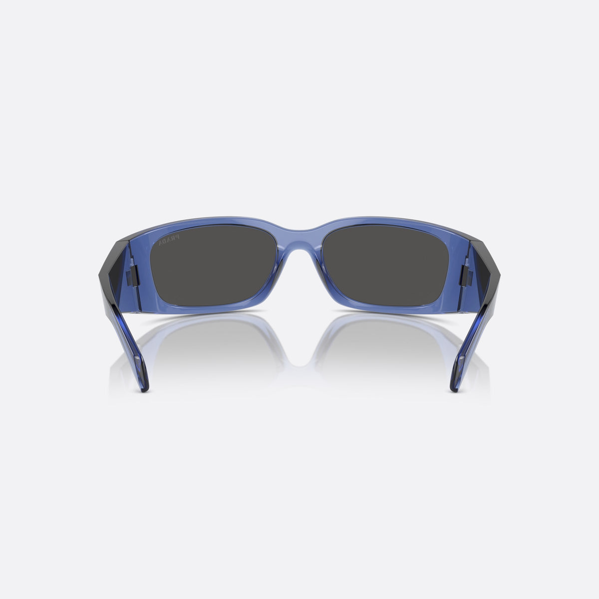 Prada PR A19S 15R-5S0 sunglasses, violet squared frame for men, plain integrated bridge, brand lettering on lens, back view
