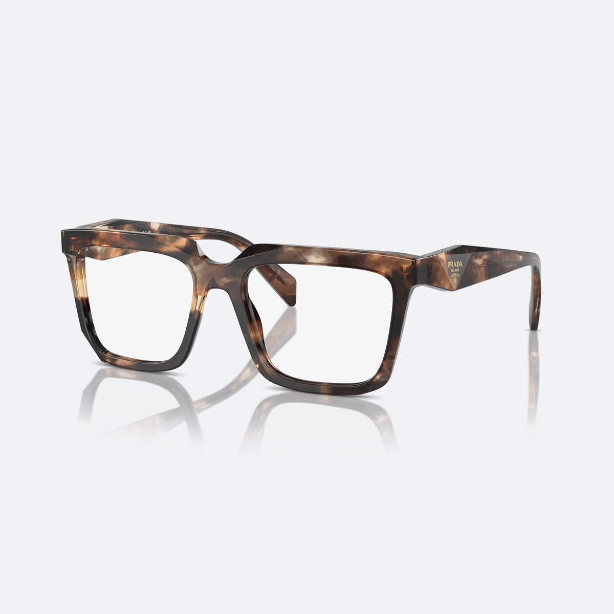 Prada PR A19V 14P1O1 eyeglasses, havana squared frame for women, plain bridge with dip, brand lettering on temples
