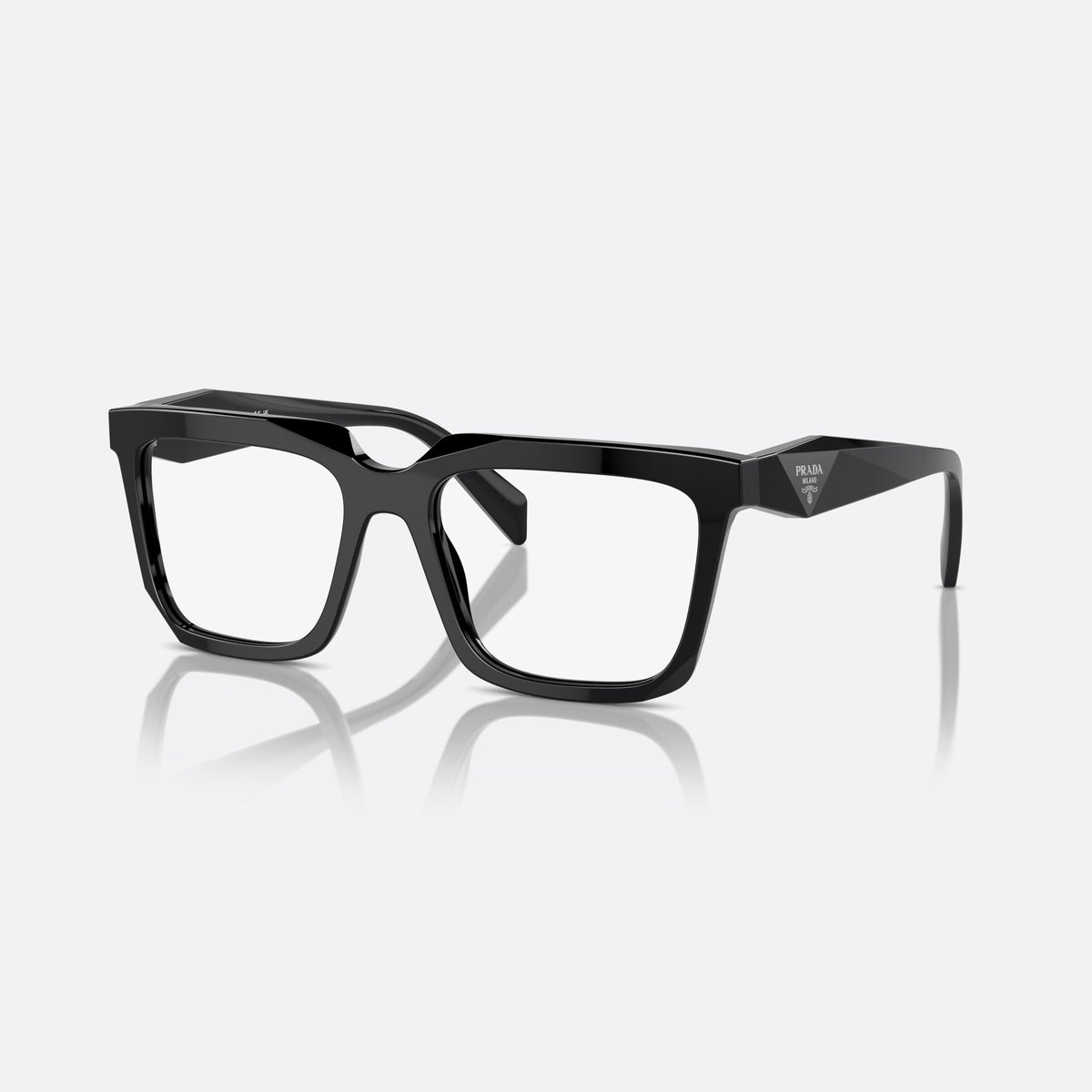 Prada PR A19V 16K1O1 eyeglasses, black squared frame for women, plain double bridge, triangular brand logo plaque