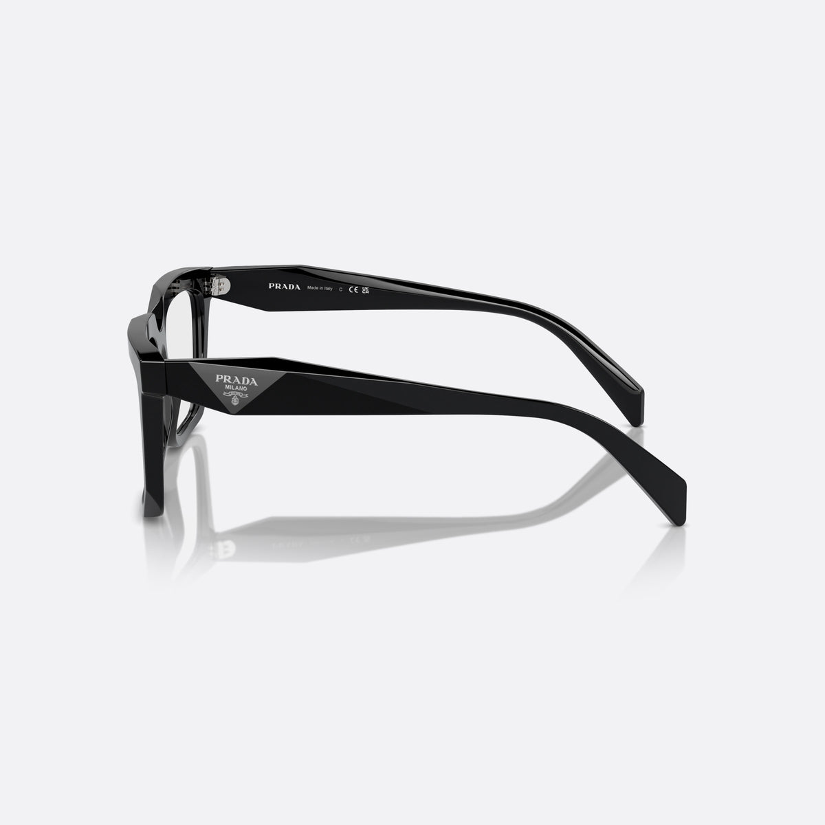 Prada PR A19V 16K1O1 eyeglasses, black squared frame for women, plain double bridge, triangular brand logo plaque, side view