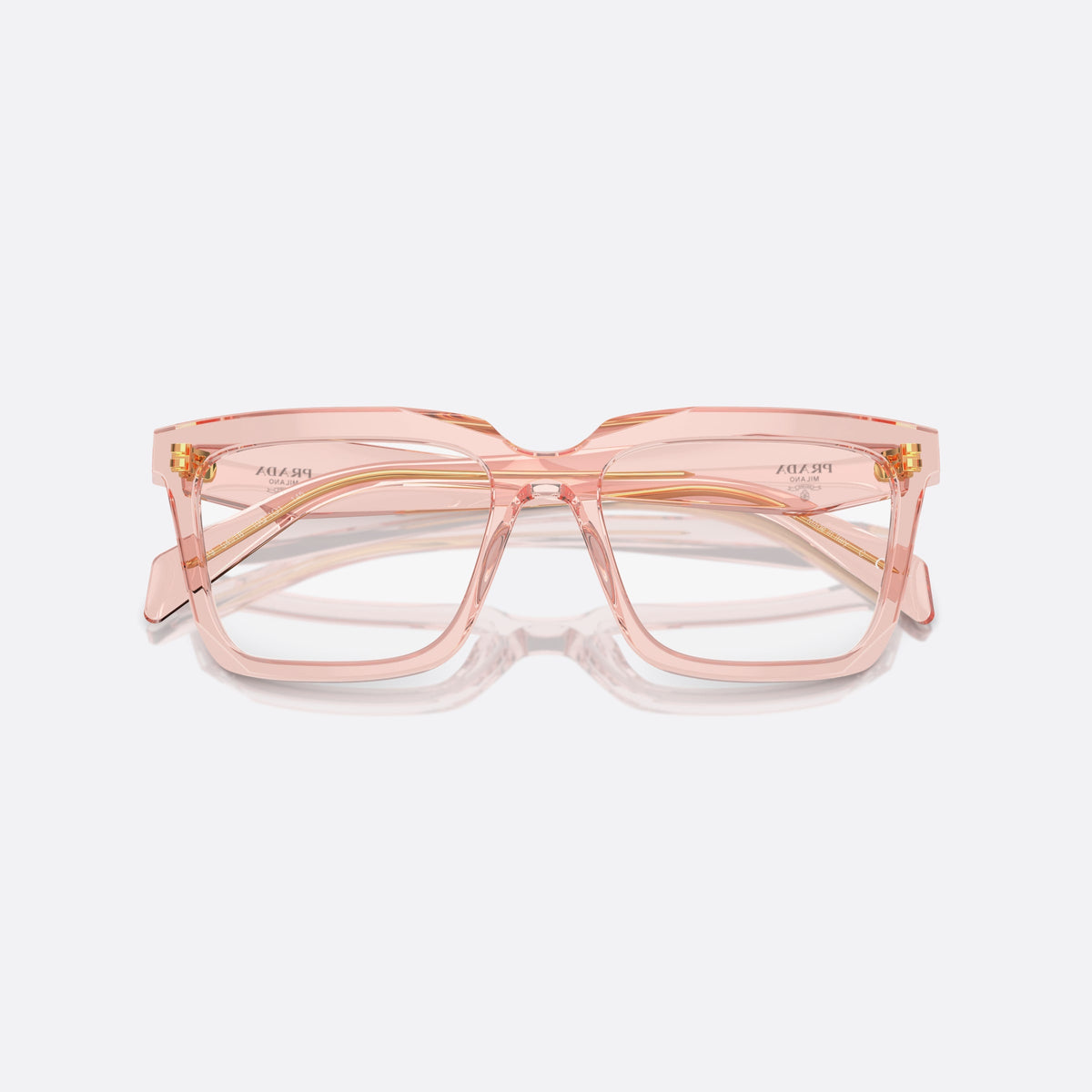 Prada PR A19V 19Q1/O1 eyeglasses, clear squared frame for women, plain double bridge, brand logo on temples, folded