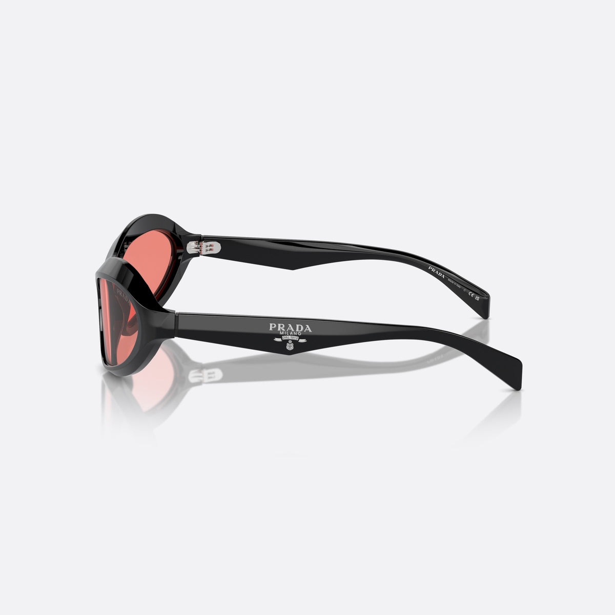 Prada PR A20S 16K20B sunglasses, black cat eye frame for women, plain integrated bridge, brand lettering on temples, side view