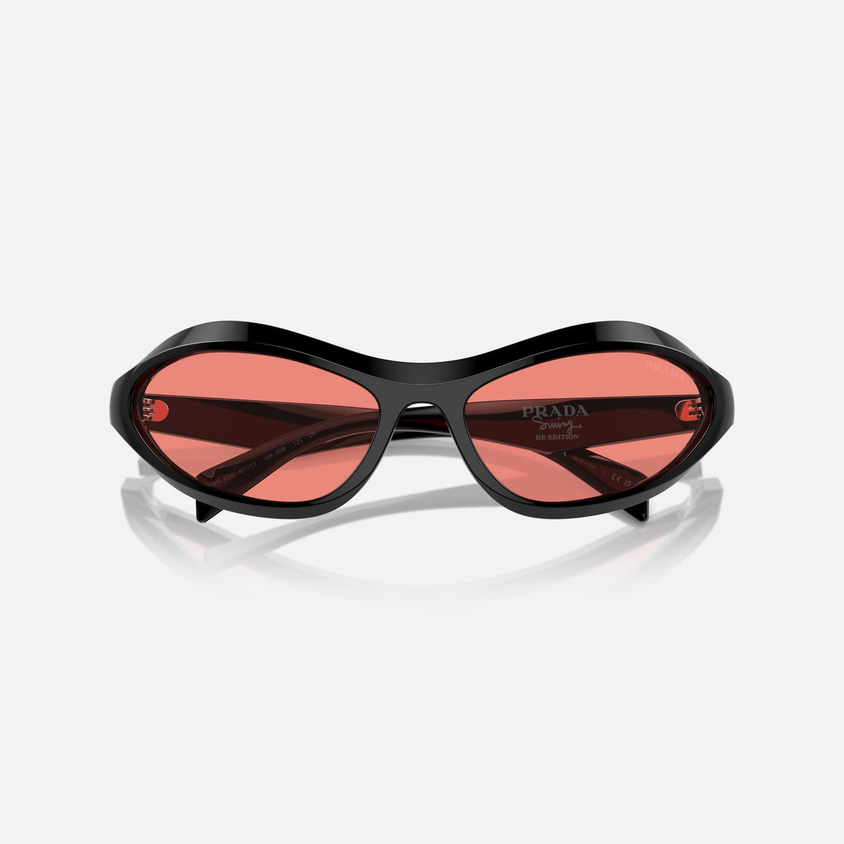 Prada PR A20S 16K20B sunglasses, black cat eye frame for women, plain integrated bridge, brand lettering on temples, folded