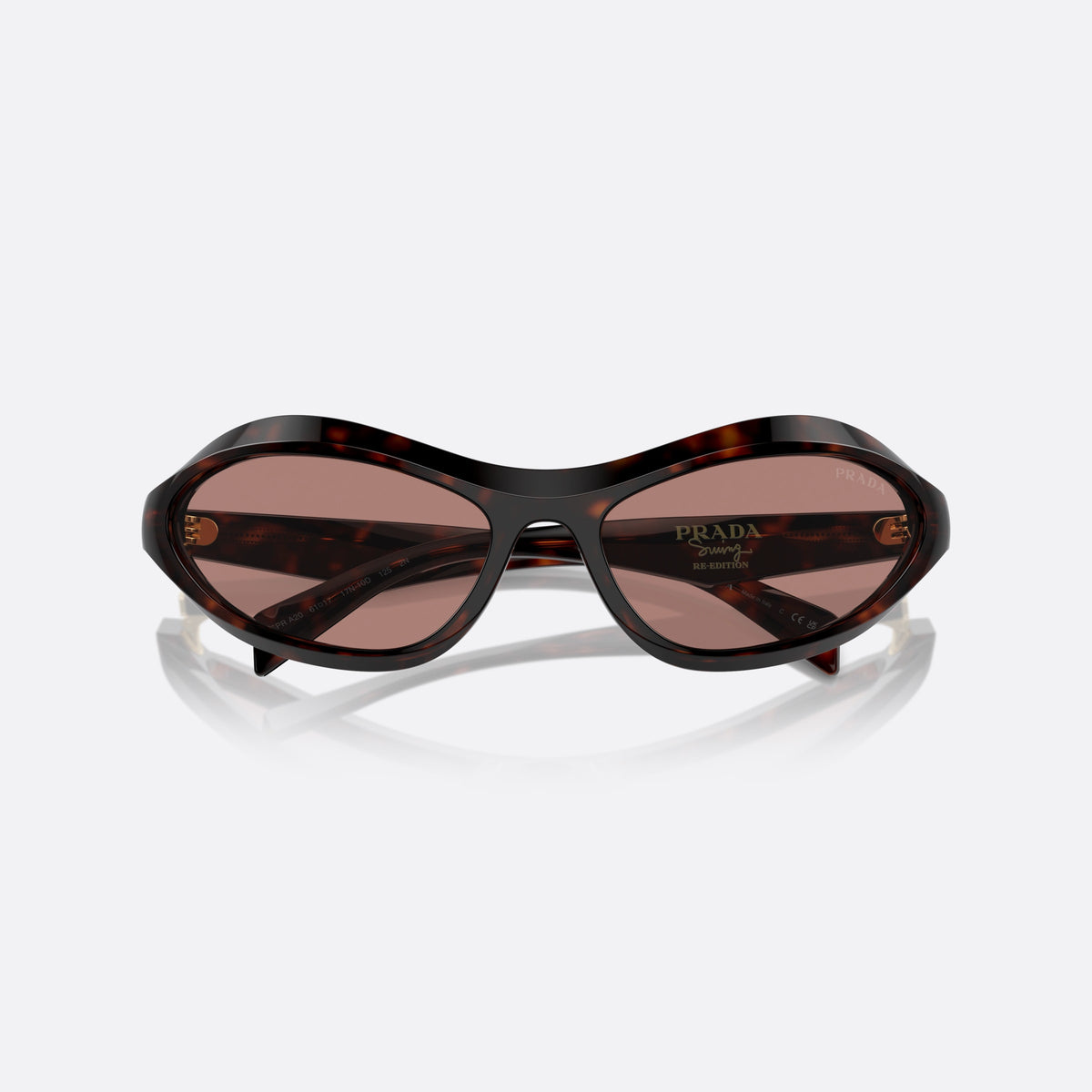 Prada PR A20S 17N10D sunglasses, havana cat eye frame for women, plain bridge, brand logo on temples, full rim, folded