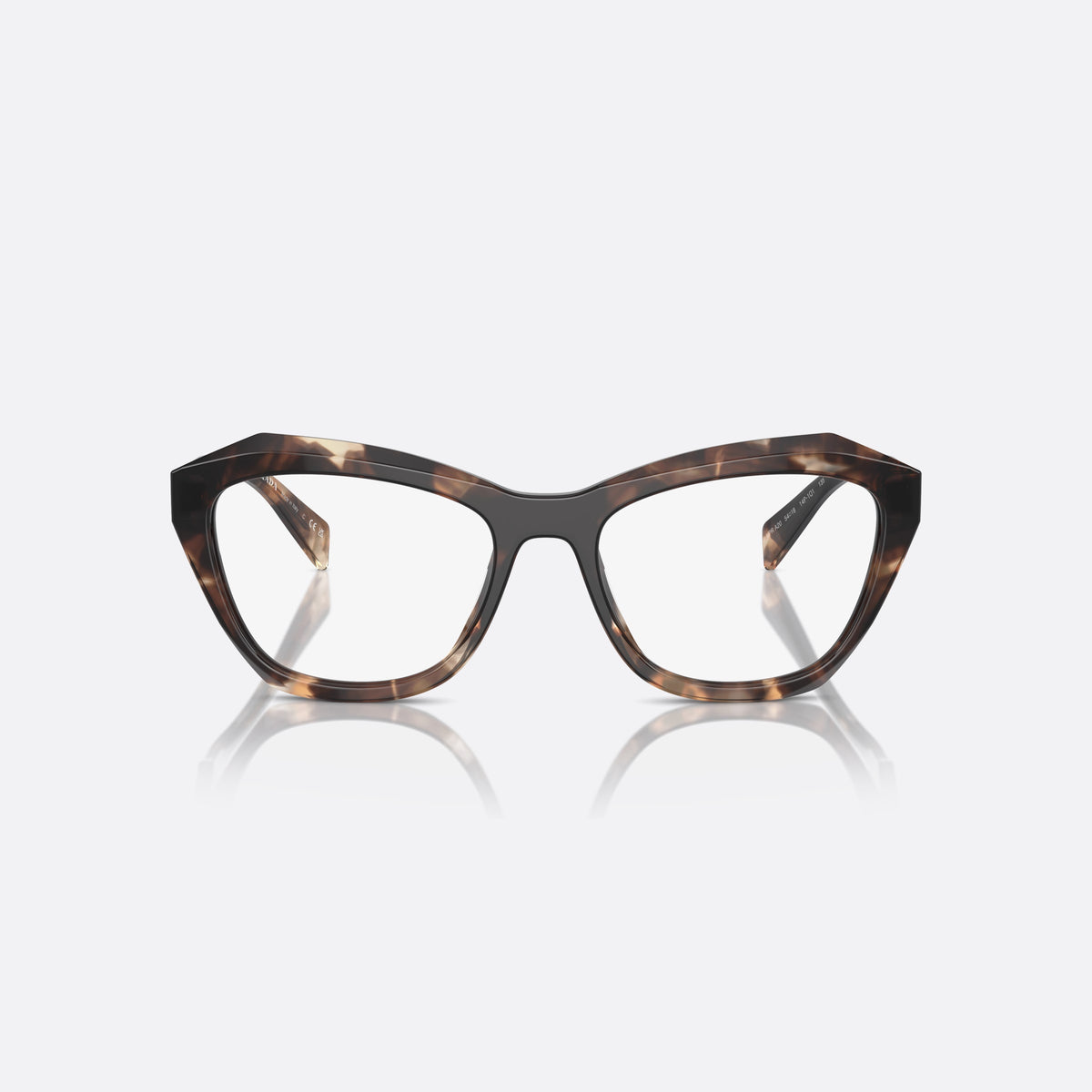 Prada PR A20V 14P1O1 eyeglasses, havana geometric frame for women, plain bridge, brand logo plaque on temple, front view